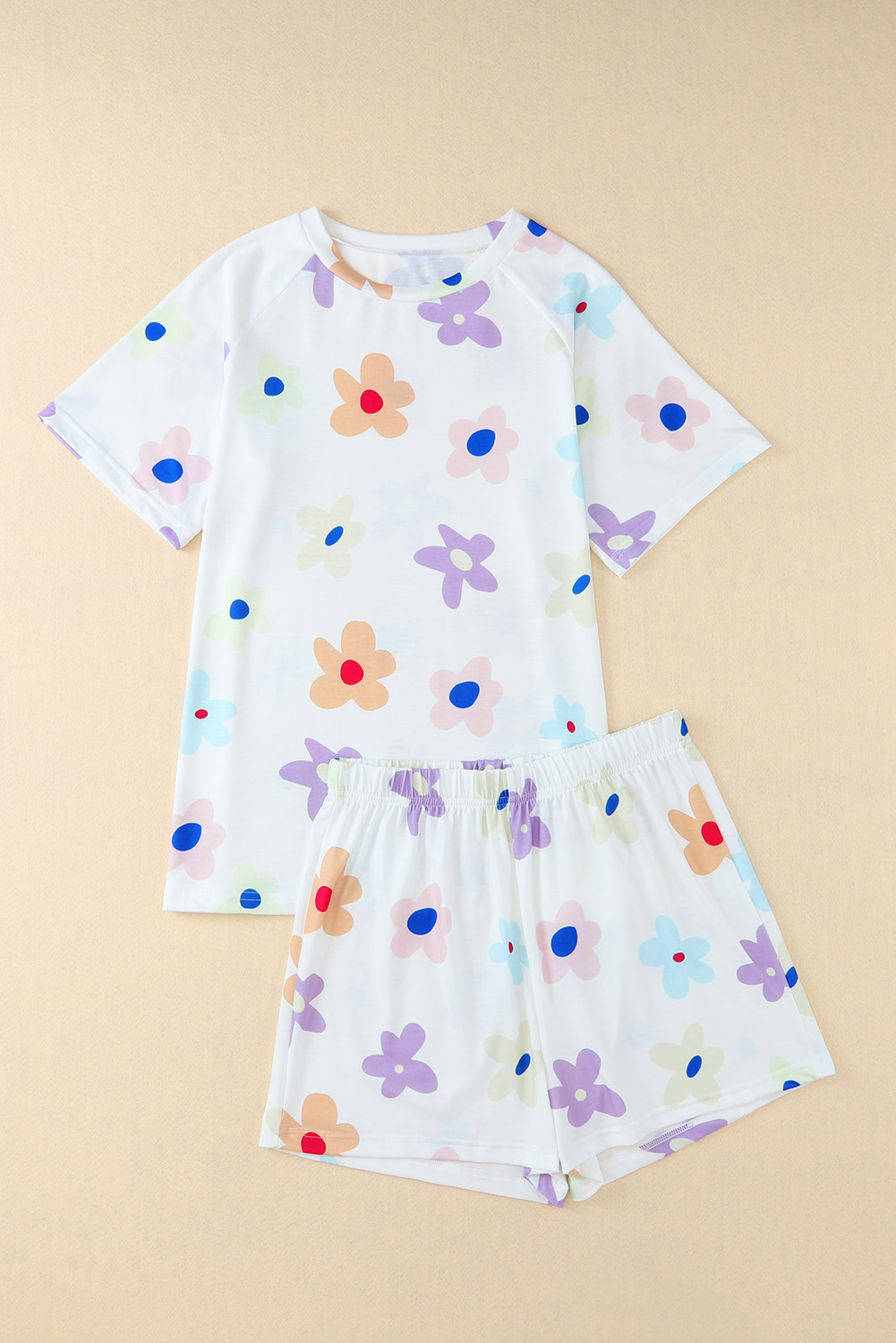 White 60s Flower Print Short Sleeve High Waist Two Piece Shorts Set