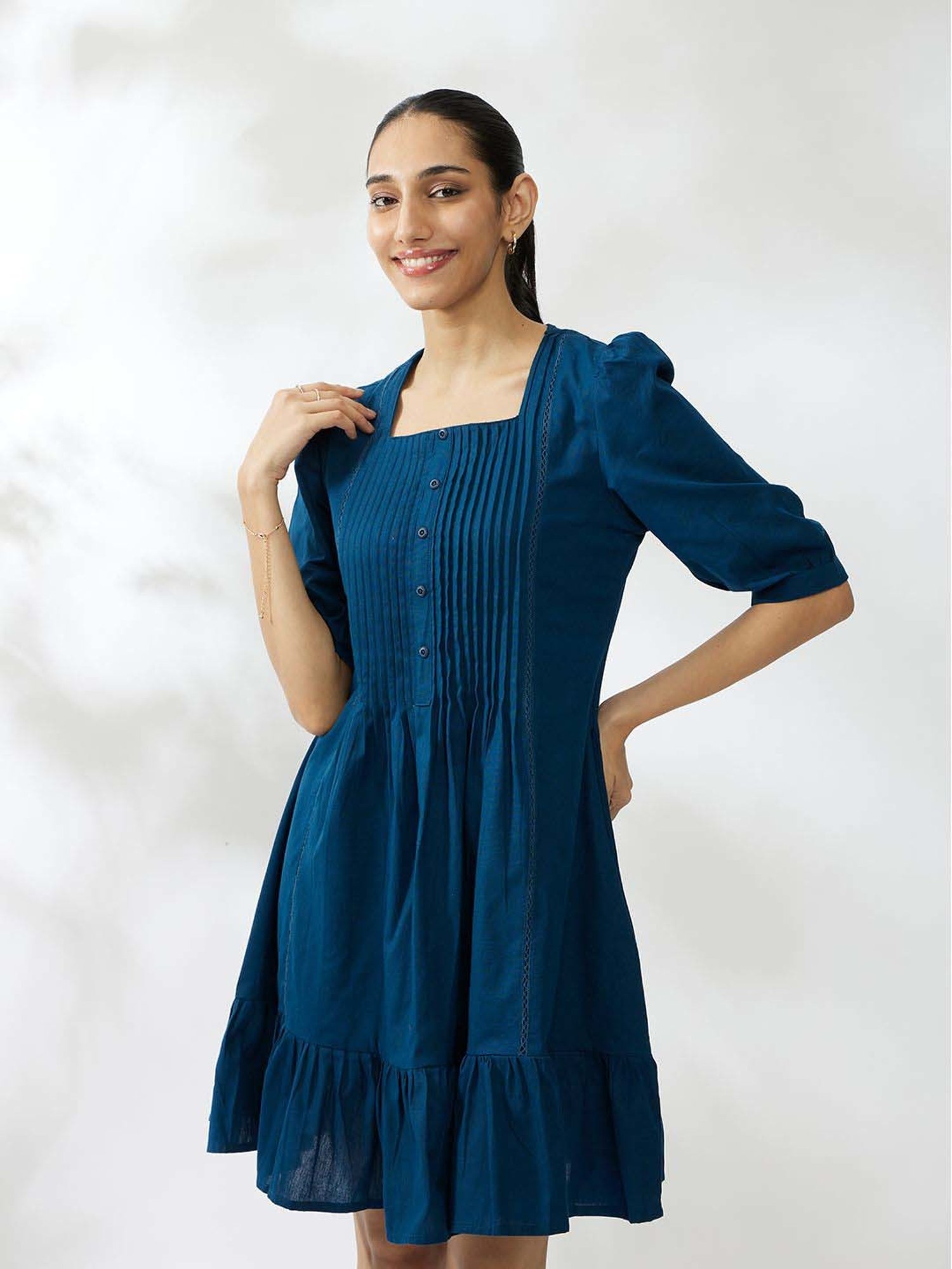 Daali Blue Cotton Regular Fit A-Line Dress