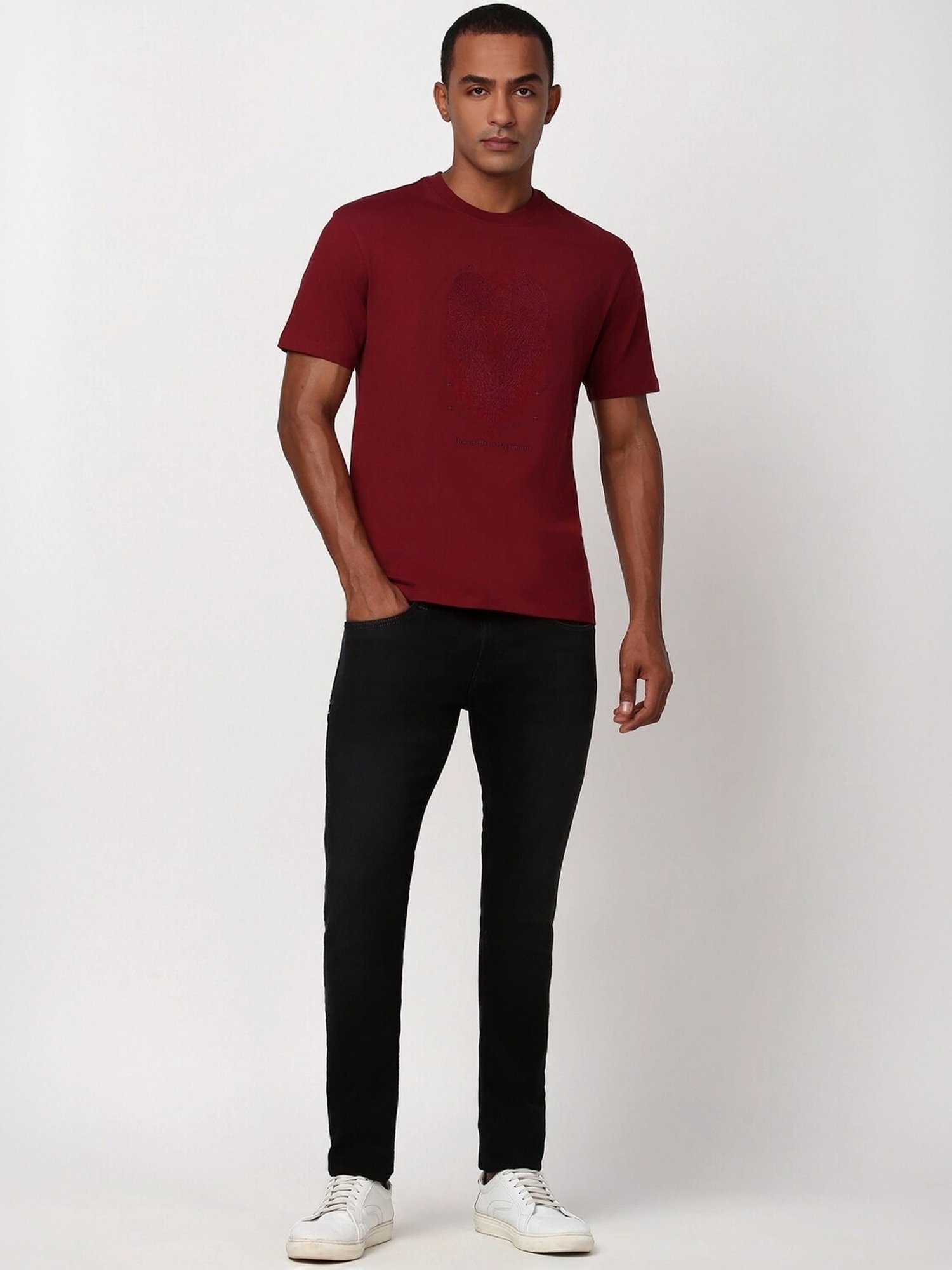 Peter England Maroon Cotton Regular Fit Embroidered T-Shirt