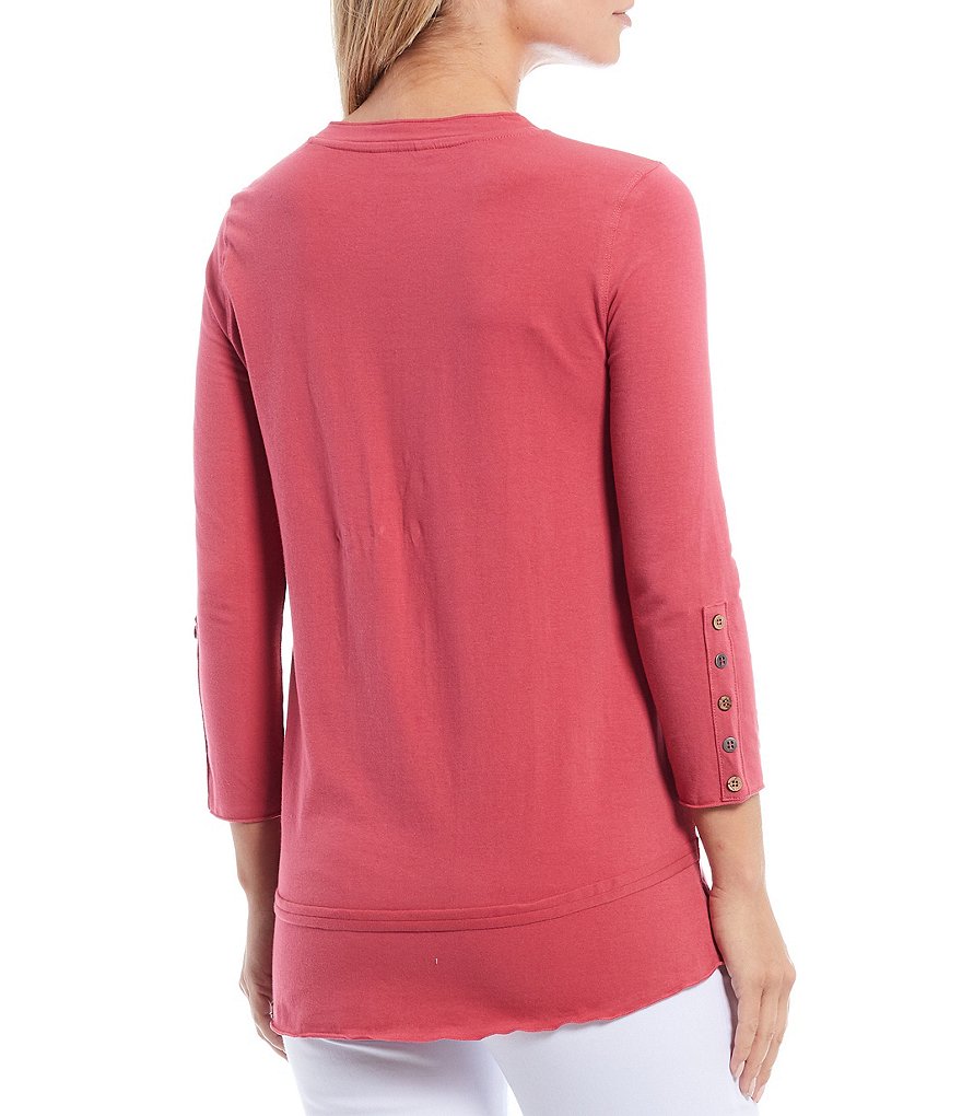 Multiples Band Crew Neck Seamed Detail Button Trim 3/4 Sleeve Knit Top