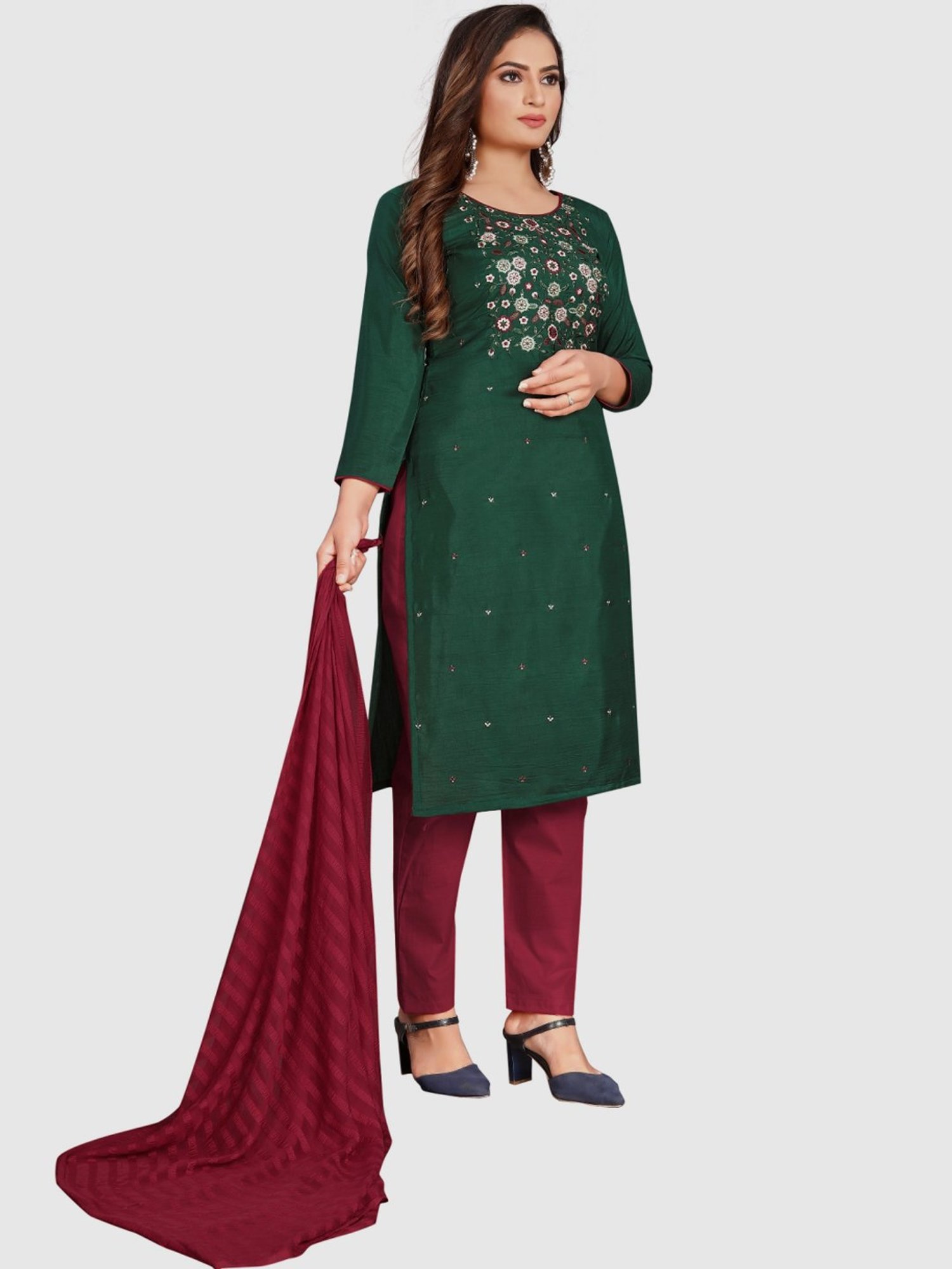 APNISHA Green Cotton Embroidered Unstitched Dress Material