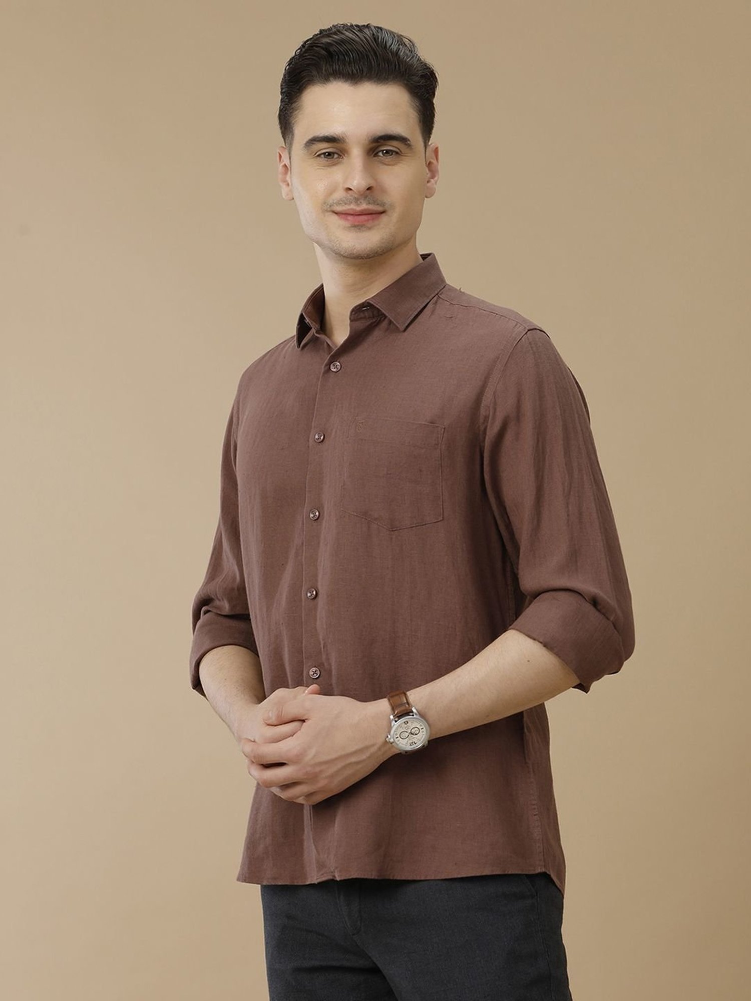 Linen Club Brown Linen Contemporary Fit Shirt