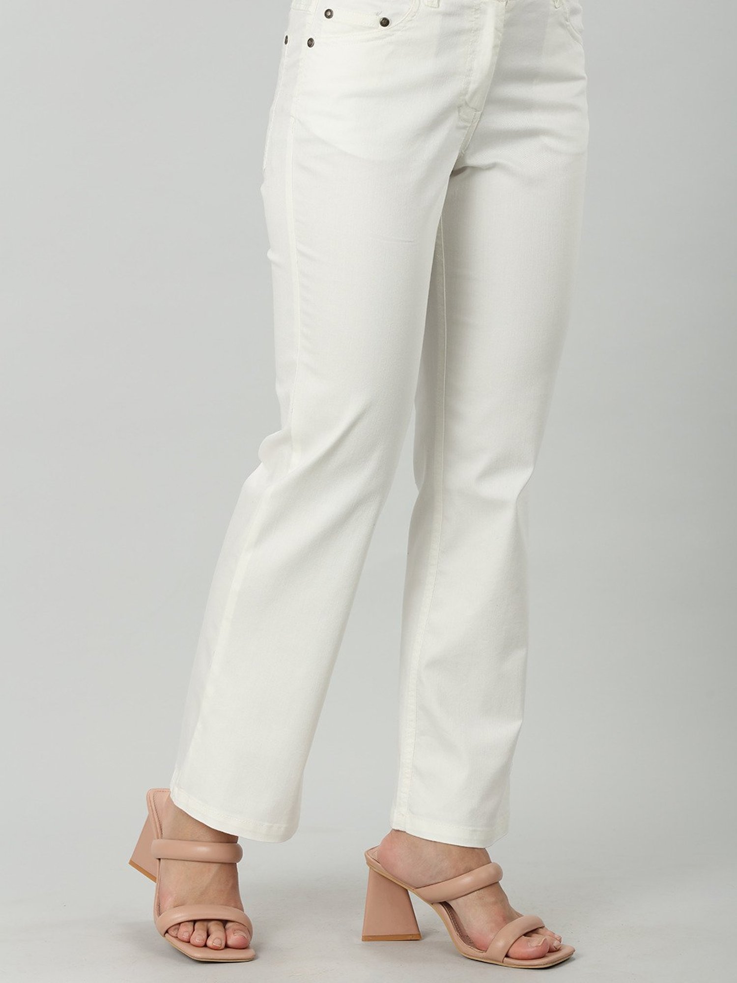Mustard White Crepe Regular Fit Mid Rise Pants