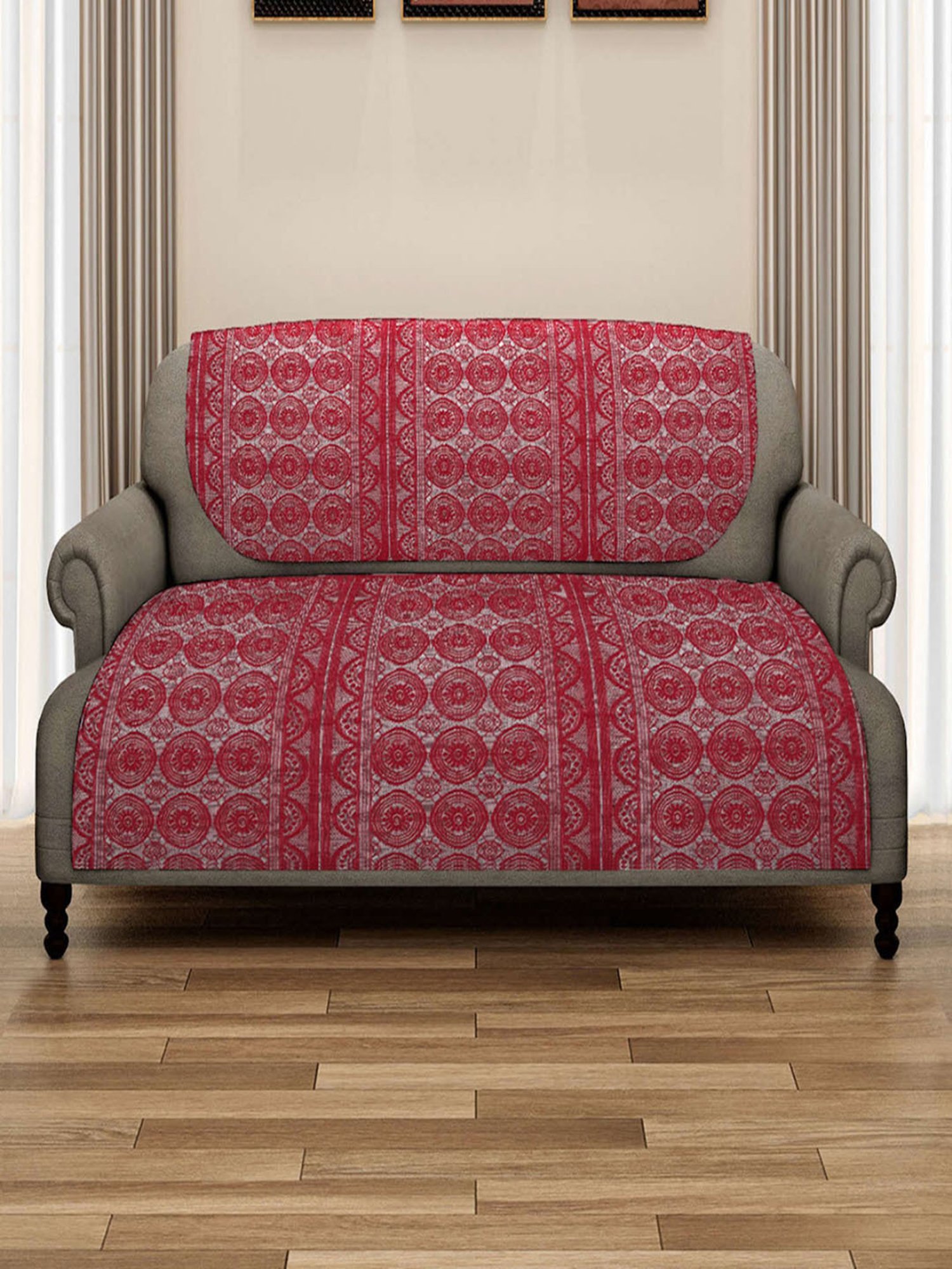 Romee Maroon Polyester Floral Sofa Covers