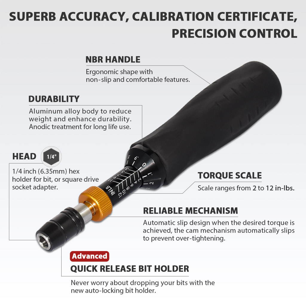 FIRSTINFO Precision Certified Torque Limiting Screwdriver, 1/4 Inch Universal Hex Bit Holder Quick Release Design, 2-12 in-lbs