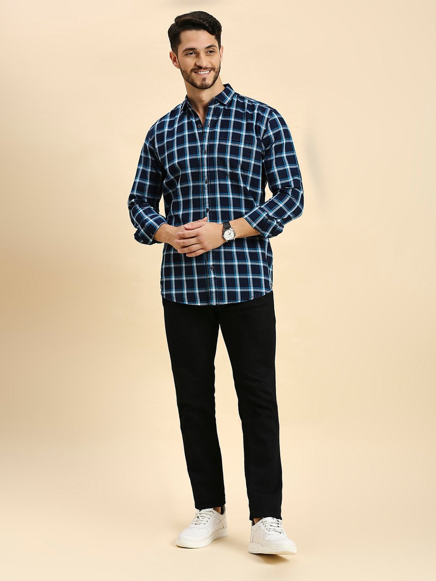 HJ HASASI Navy Slim Fit Check Cotton Shirt