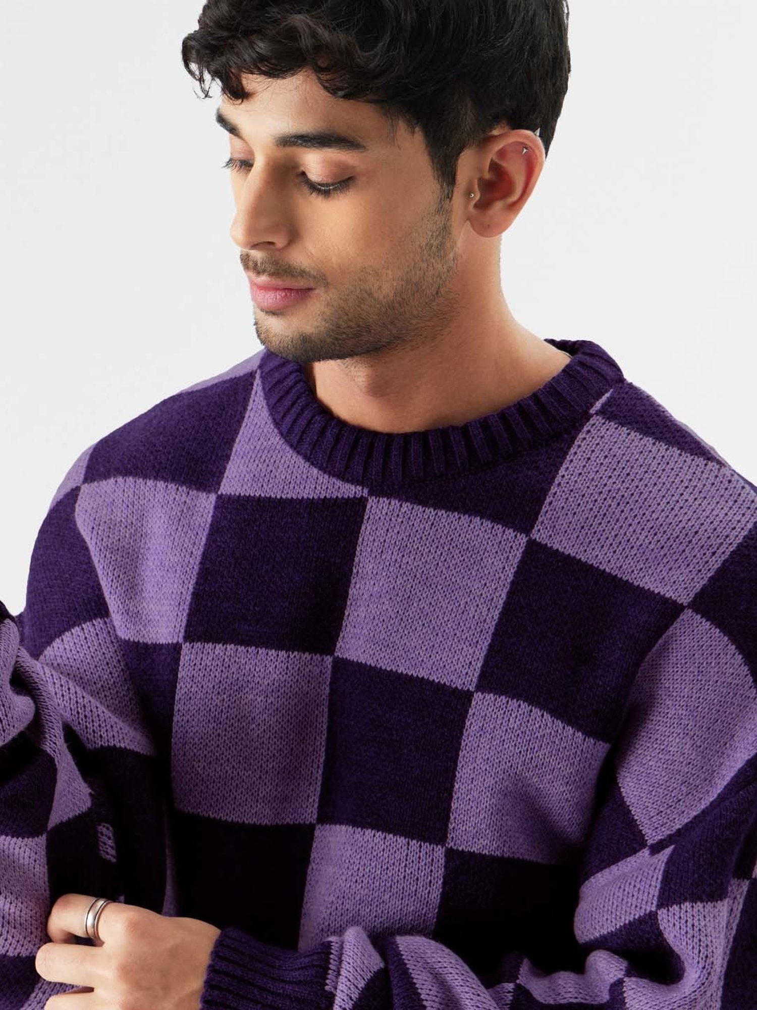 The Souled Store Originals Purple Check Oversized Sweater