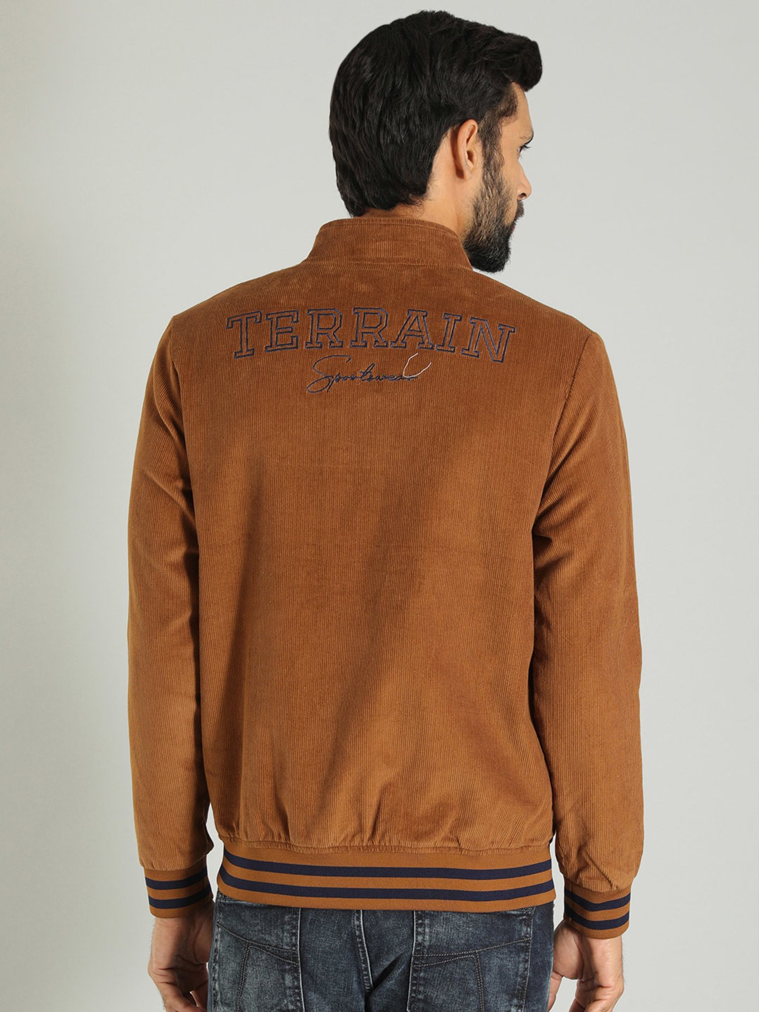 Indian Terrain Brown Regular Fit Embroidered Cotton Bomber Jacket