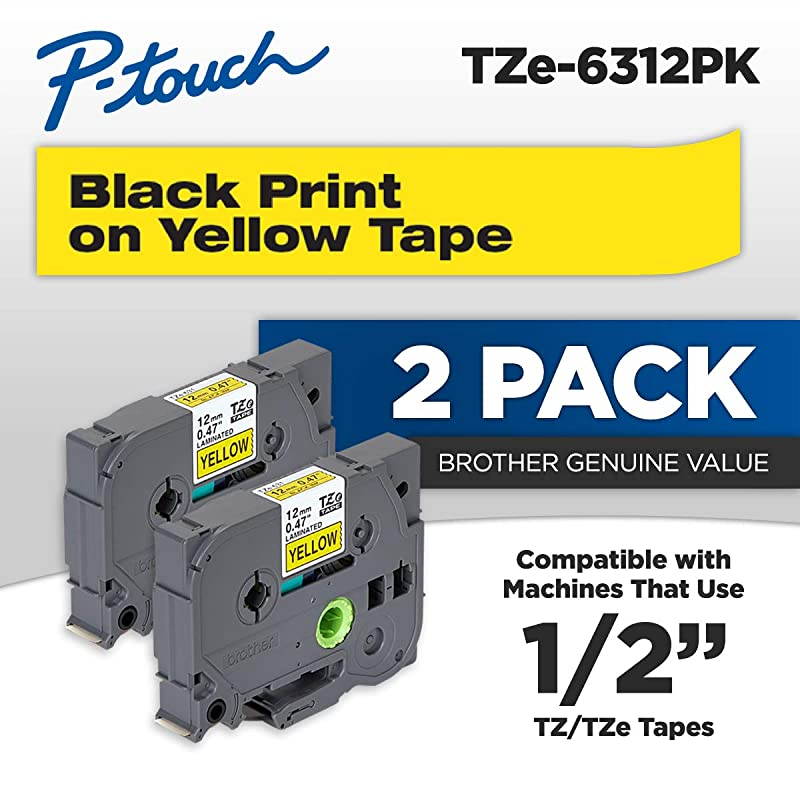 Genuine PTouch TZe6312Pk Tape 12mm 2Pack Laminated PTouch Tape Black On Yellow Perfect for Indoor Or Outdoor Use Water Resistant 262 Ft 8M