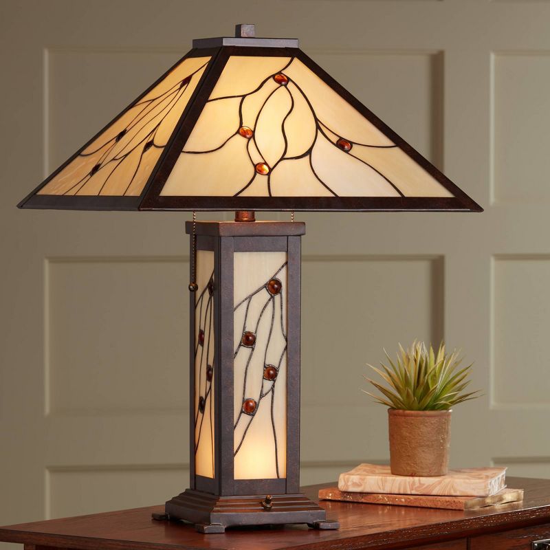 Robert Louis Tiffany Mission Table Lamp with Nightlight Classic Bronze Stained Glass for Living Room Family Bedroom Bedside