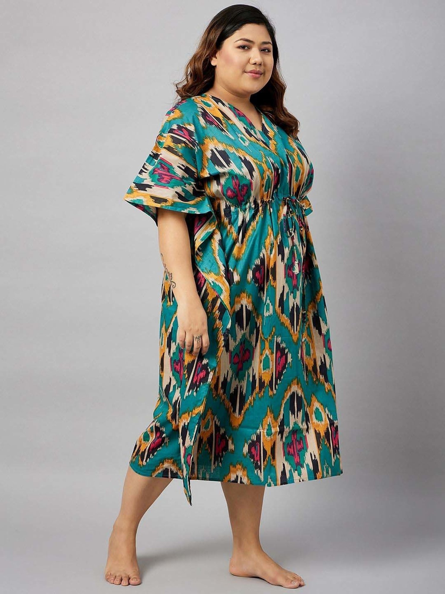 Secrets By ZeroKaata Teal Green Cotton Printed Kaftan