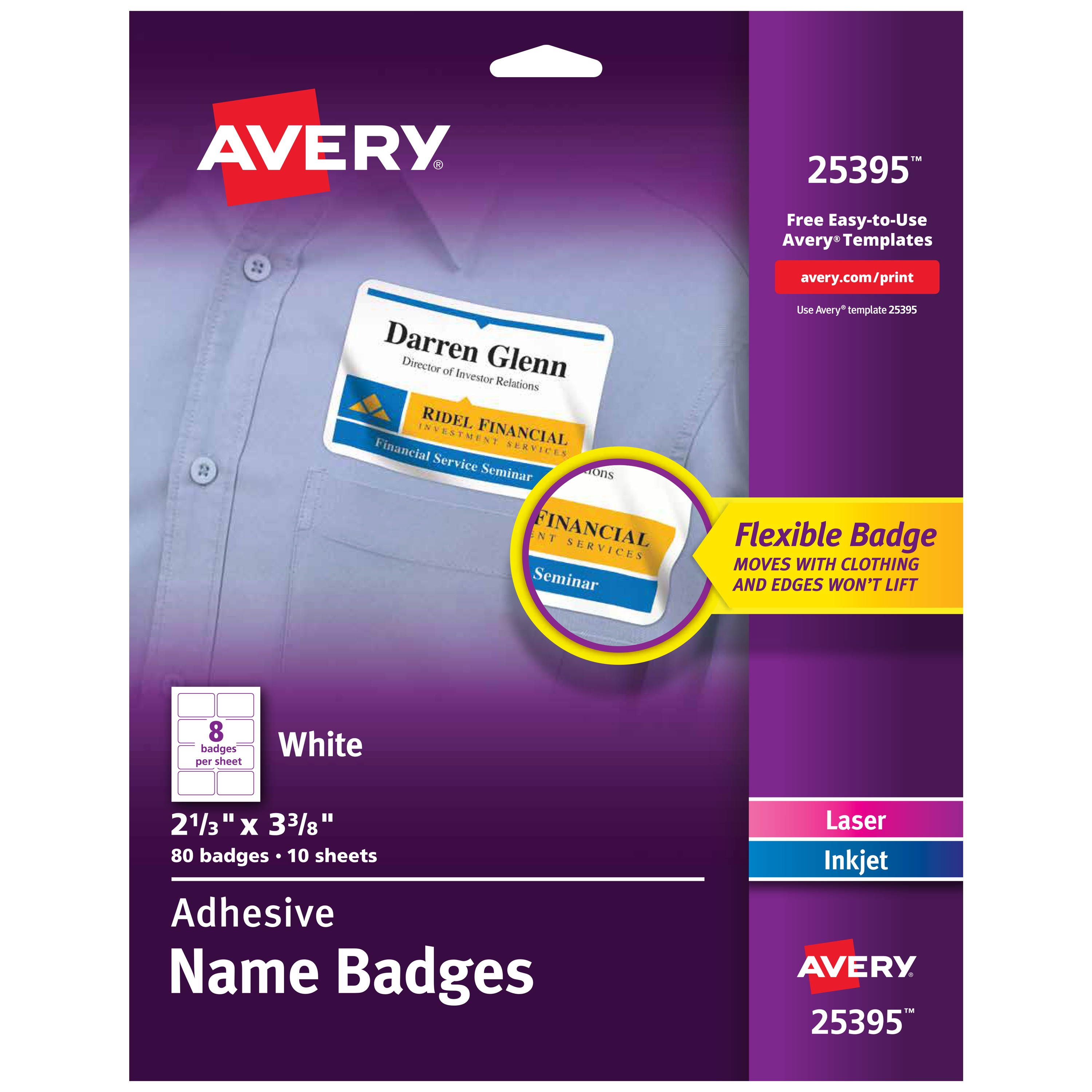 avery premium personalized name tags, print or write, 21/3" x 33/8", 80 adhesive tags,25395, white