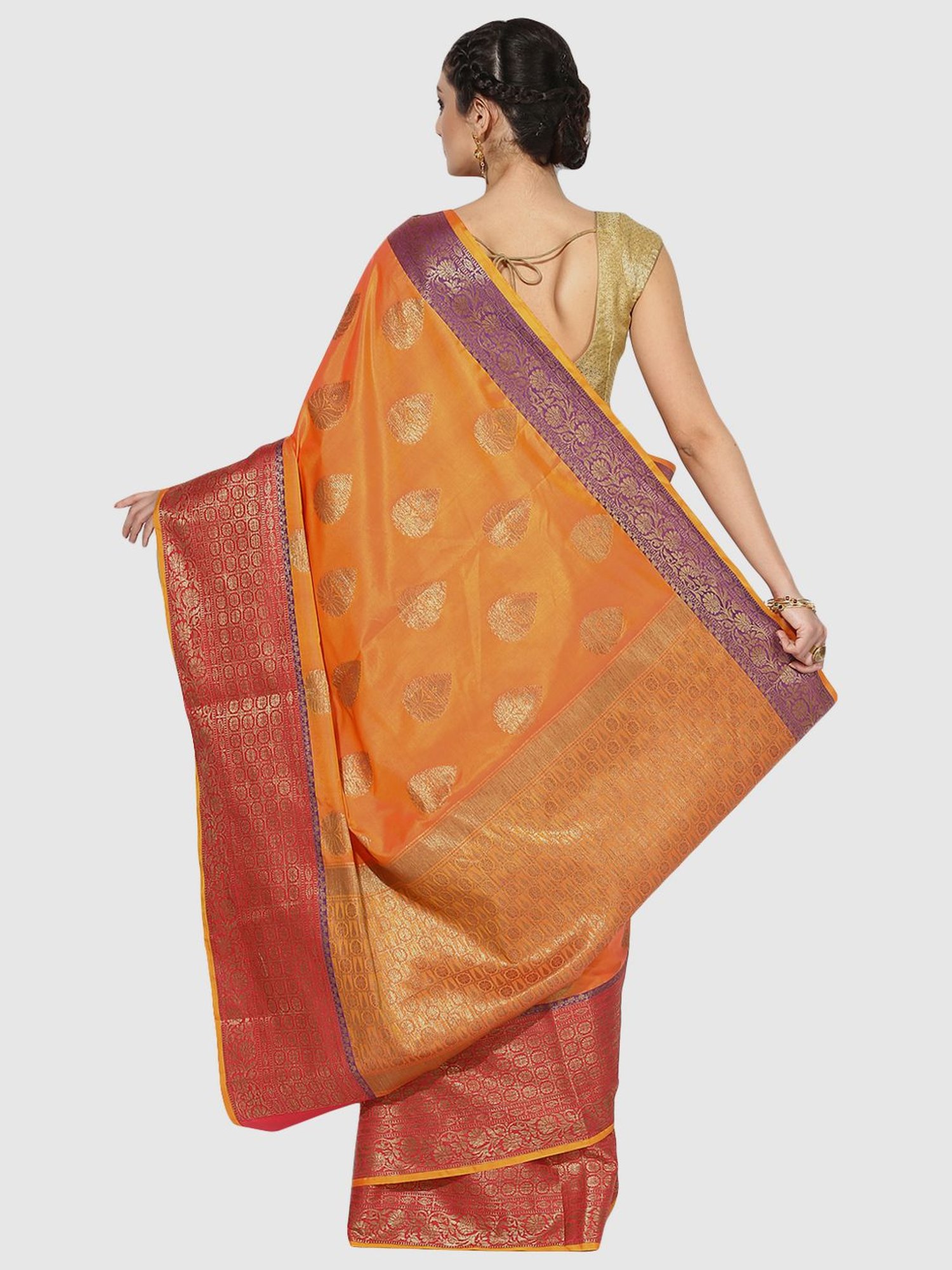 Banarasi Silk Works Orange Woven Saree With Unstitched Blouse