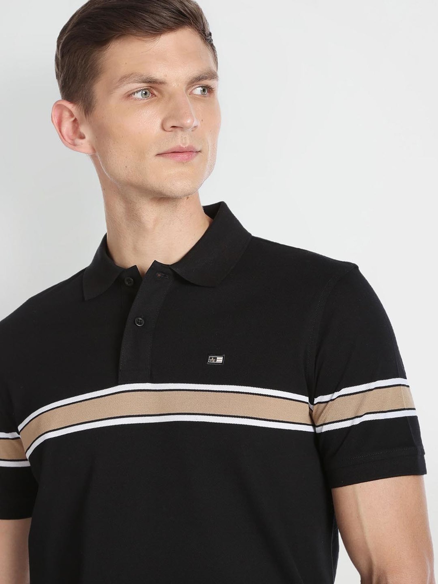 Arrow Sport Black Cotton Regular Fit Striped Polo T-Shirt