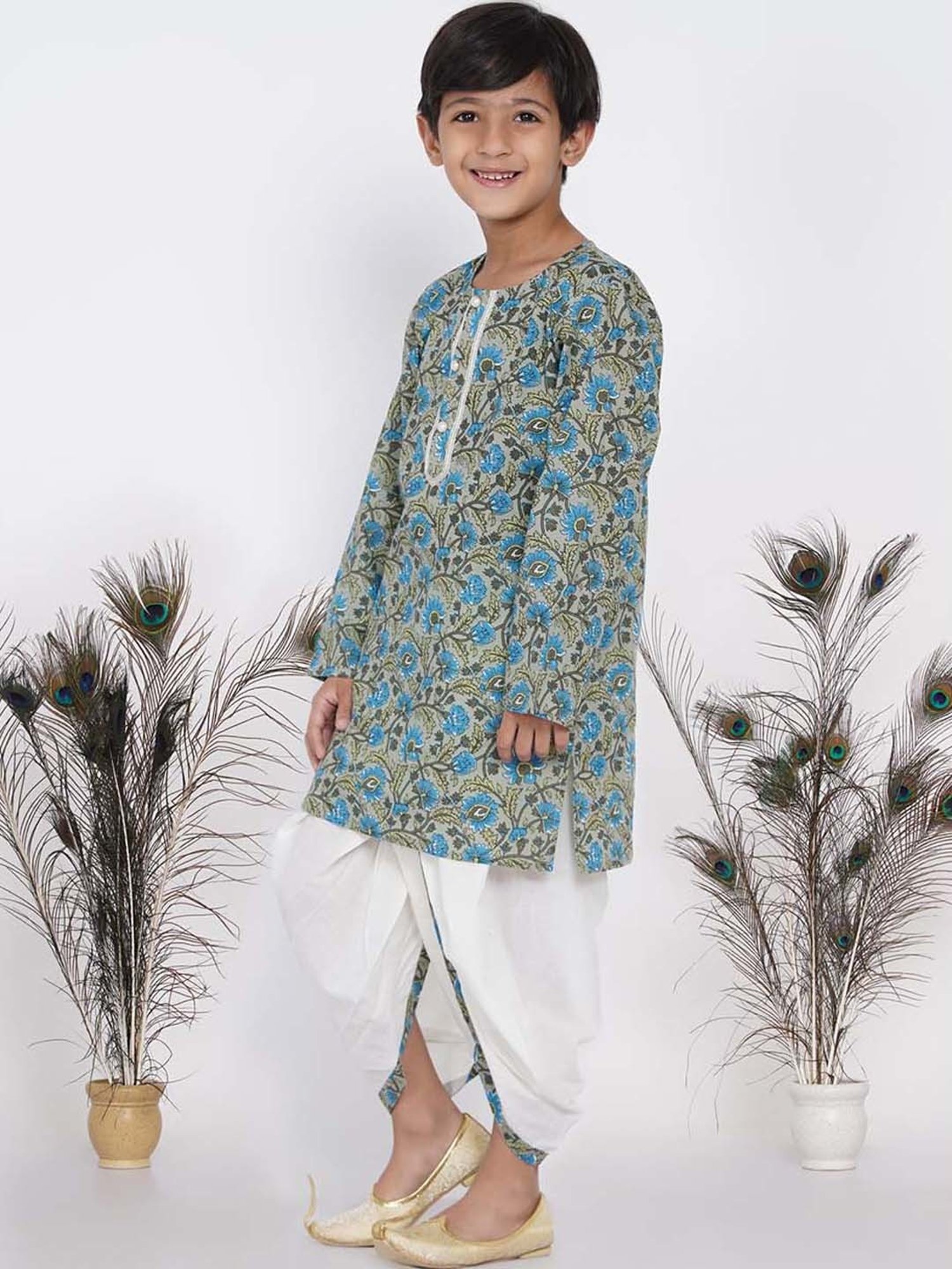 Little Bansi Kids Green & Cream Cotton Floral Print Kurta Set