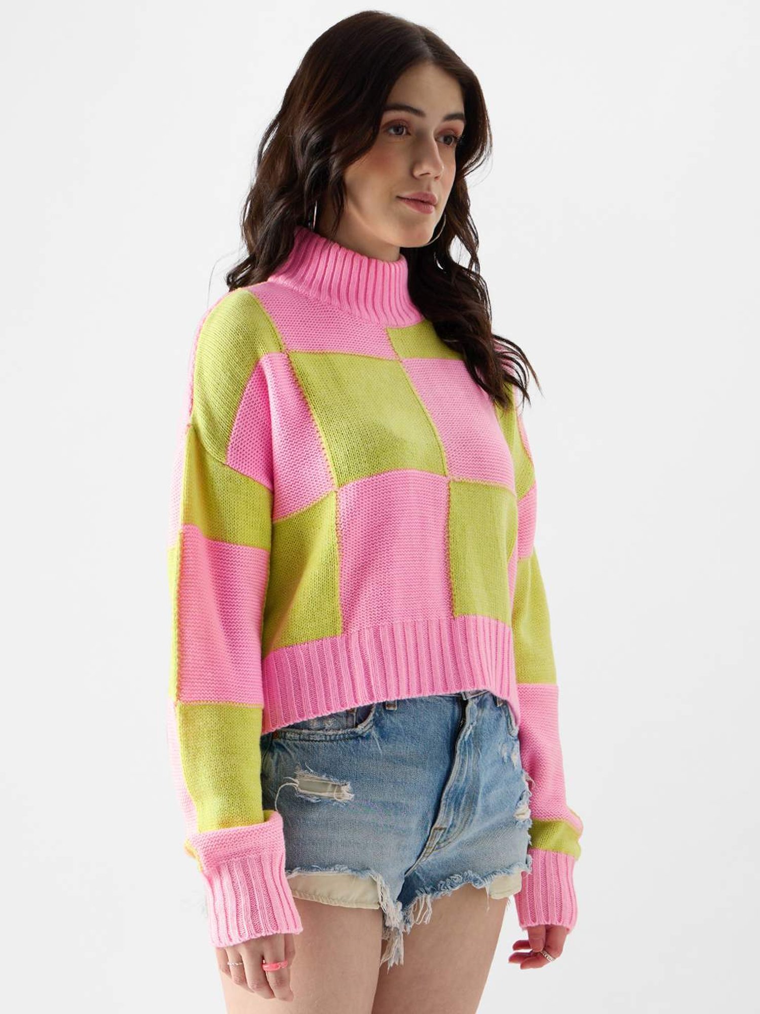 The Souled Store Green & Pink Cotton Color-Block Sweater