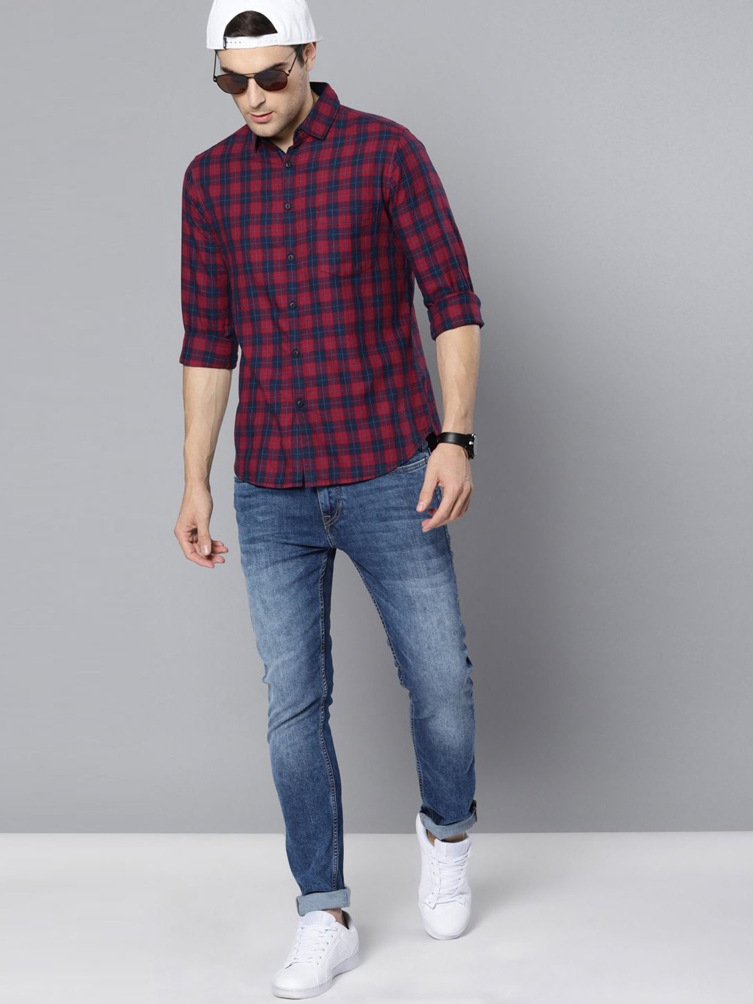 Dennis Lingo Red & Navy Cotton Slim Fit Checks Shirt