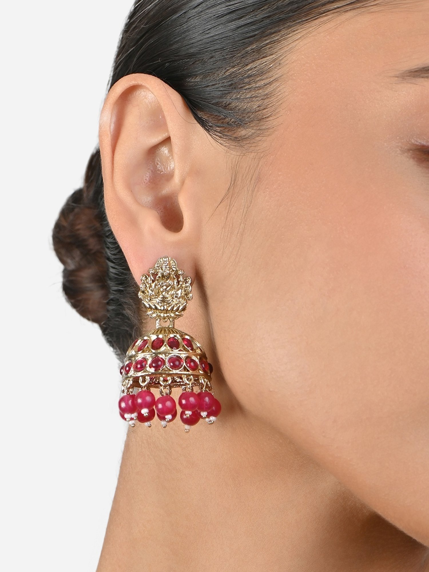 Fida Gold-Plated Lakshmi Embossed Fuchsia Temple Jhumki Earrings for Women & Girls
