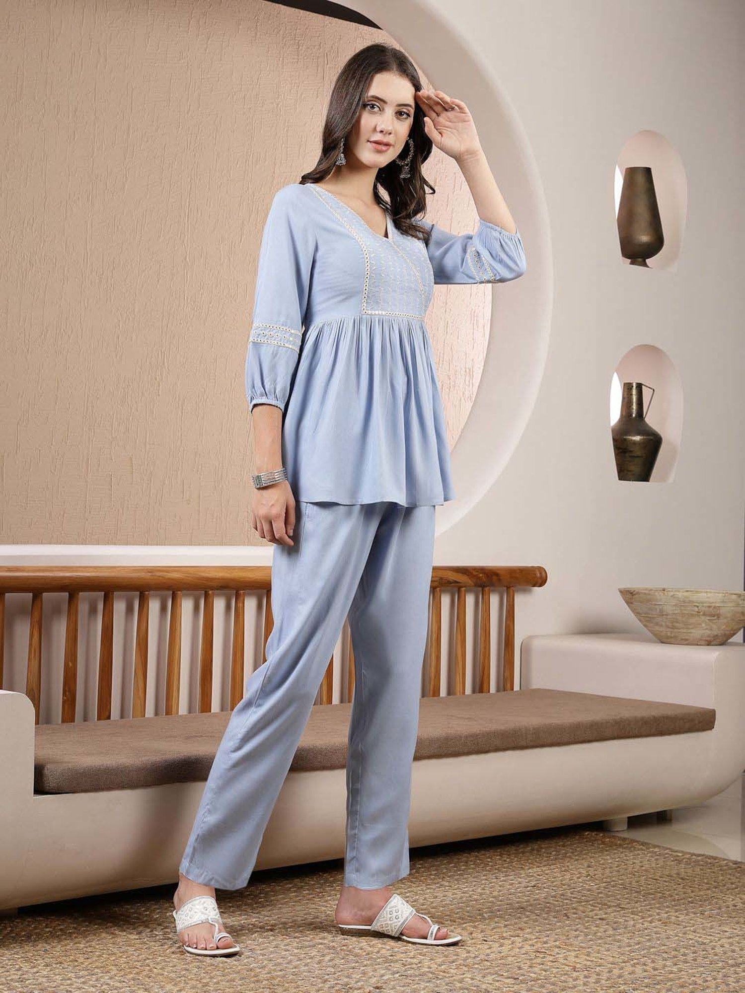 Stylum Blue Embroidered Top Pant Set