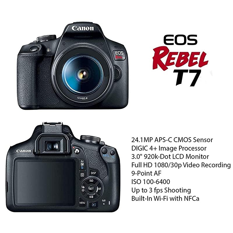 EOS Rebel T7 DSLR Camera Bundle with 18-55mm Lens + 2pc SanDisk 64GB Memory Cards + Accessory Kit