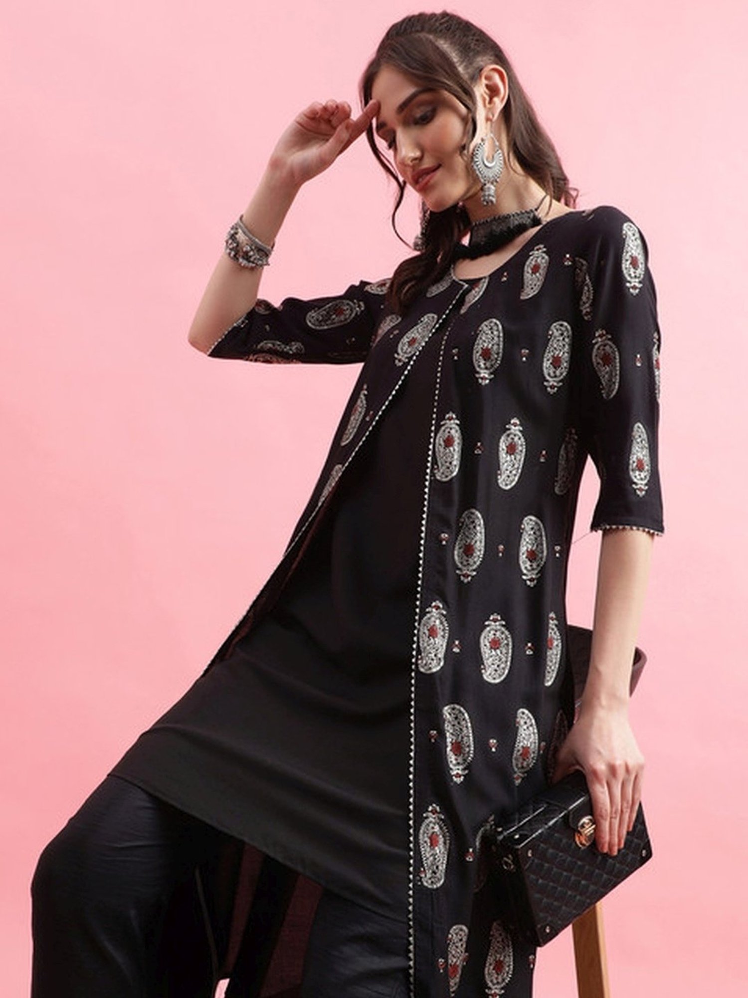 Skylee Black Printed A Line Kurta