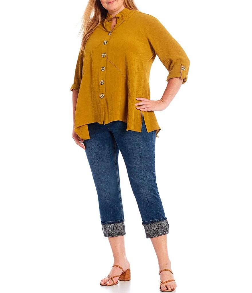 John Mark Plus Size Crinkle Ruffle Banded Collar Neck 3/4 Roll-Tab Sleeve Button Front Tunic