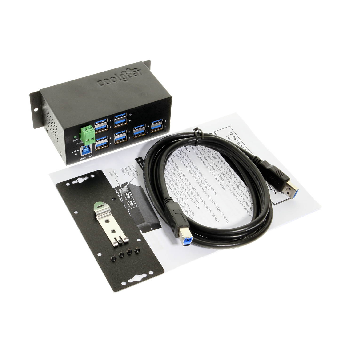 Coolgear 12-Port USB 3.1 Gen1 w/15KV ESD Surge Protection DIN Rail Mount
