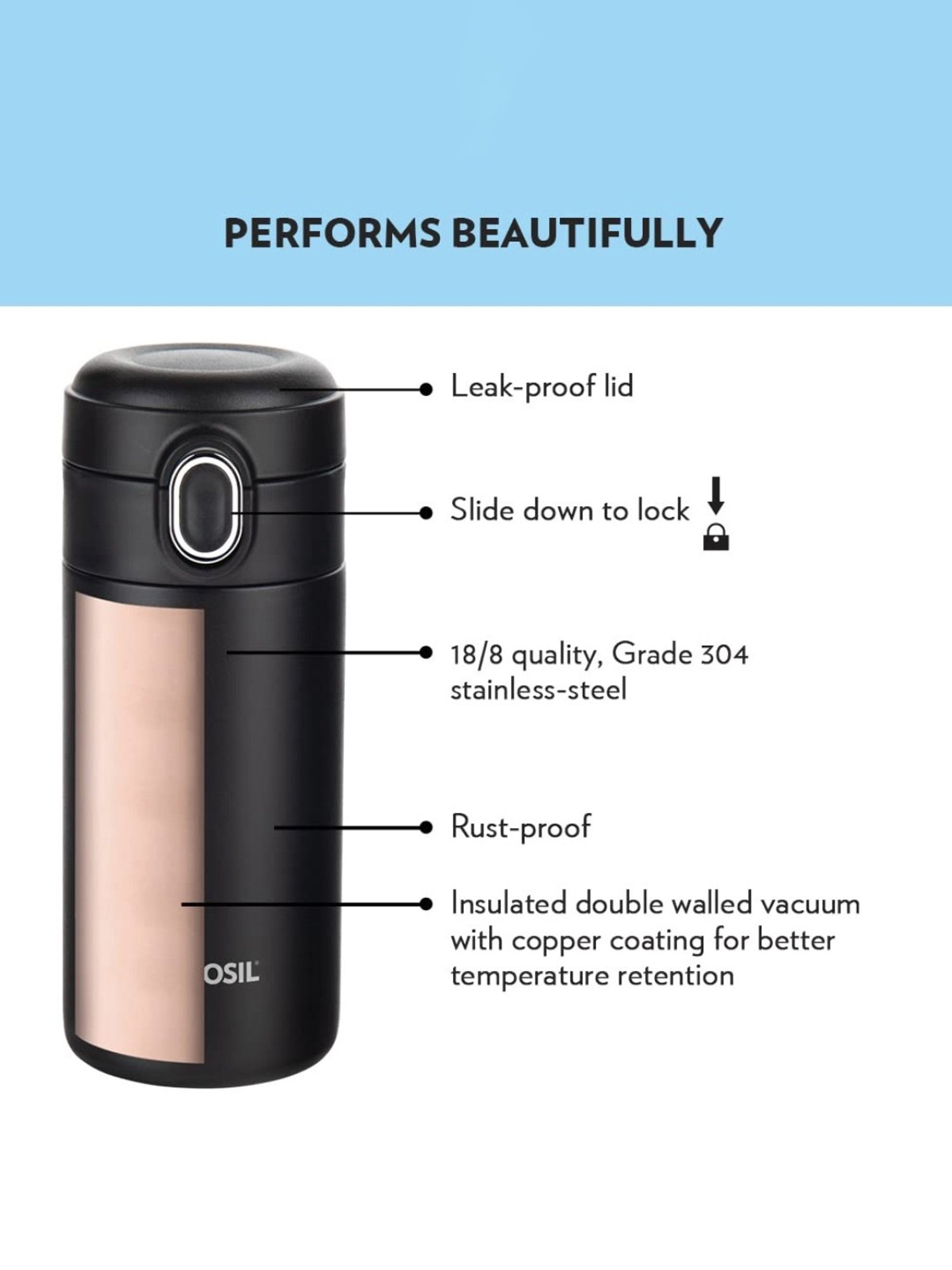 Borosil Black Stainless Steel Double Wall Vaccum Insulated Water Bottles (300ml)