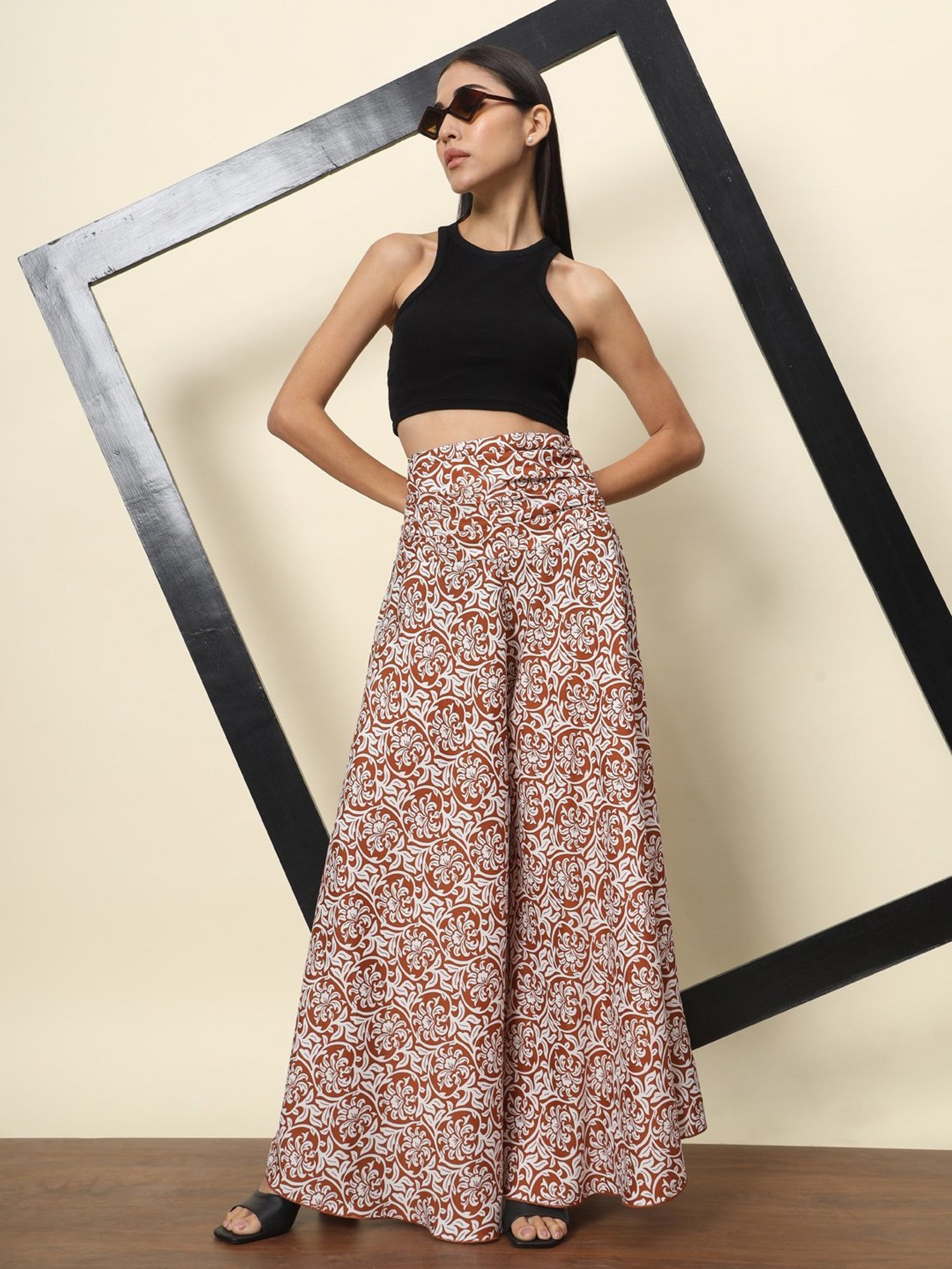 Trend Arrest Brown & White Printed High Rise Palazzos