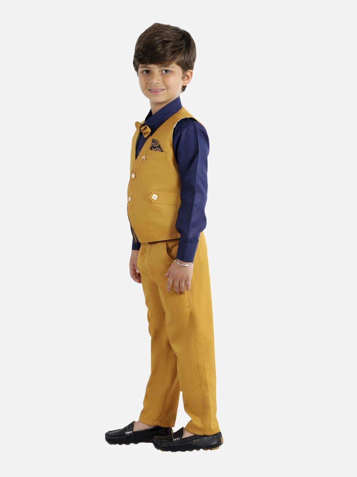 Fourfolds Boys Mustard & Blue Solid Full Sleeves Clothing Set