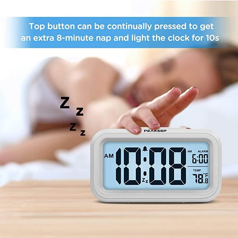 Battery Operated Smart Night Light Digital Alarm Clock with Indoor Temperature White