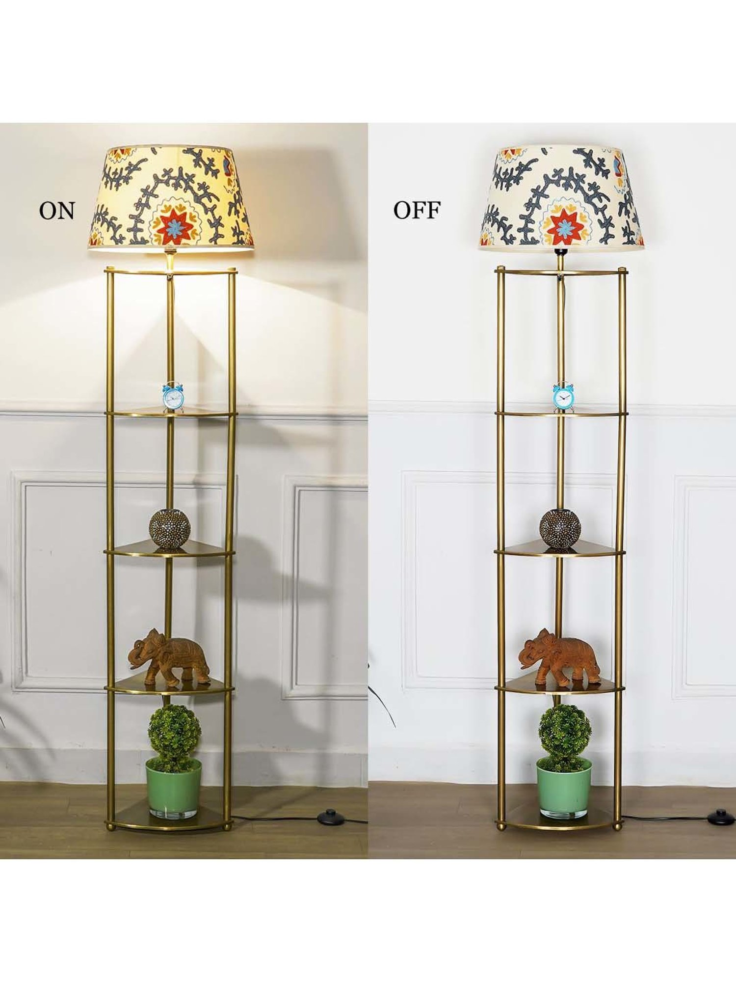 Kapoor E Illuminations Devan Antique Brass Metal Multiutility Shelf Floor Lamp