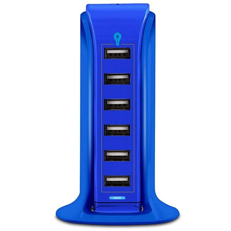 40W 6Port USB Desktop Charging Station Hub Wall Charger for iPhone iPad Tablets Smartphones with Smart Flow Blue