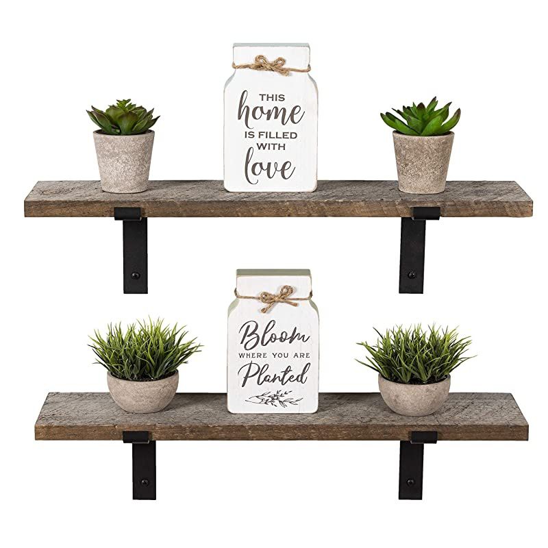 Rustic Wood Floating Shelves Wall Mounted Storage Shelf with L Brackets USA Handmade| Set of 2 (Reclaimed, 24" x 5.5")