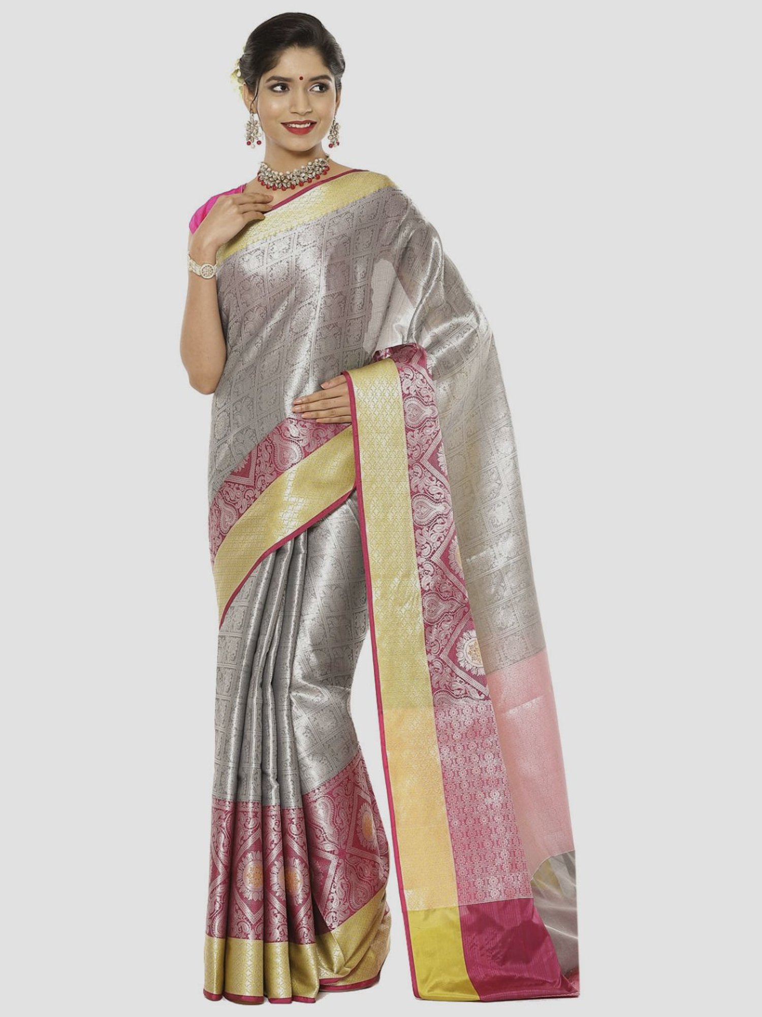 Banarasi Silk Works Silver Woven Saree With Unstitched Blouse