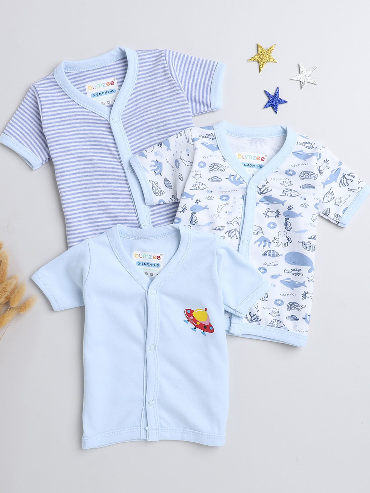 Bumzee Kids Blue & White Printed Jhablas (Pack Of 3)