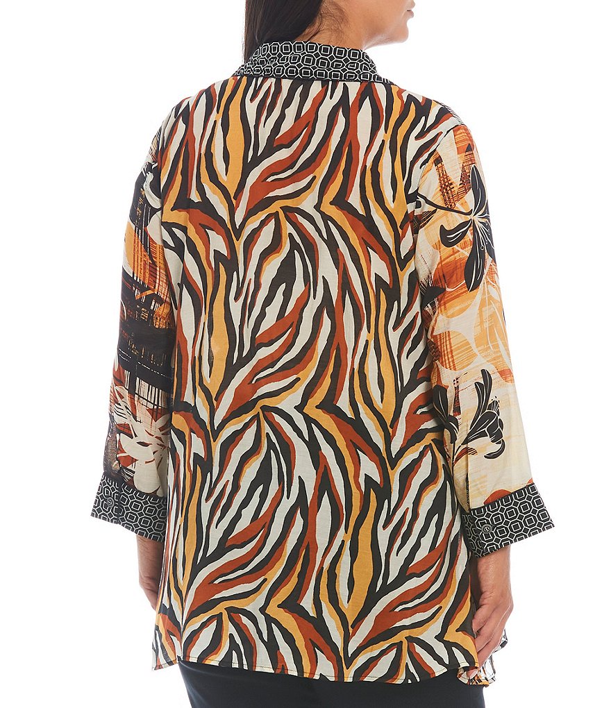 Multiples Plus Size Floral & Geo Border Print Point Collar 3/4 Sleeve Button Down Hi-Low Hem Shirt