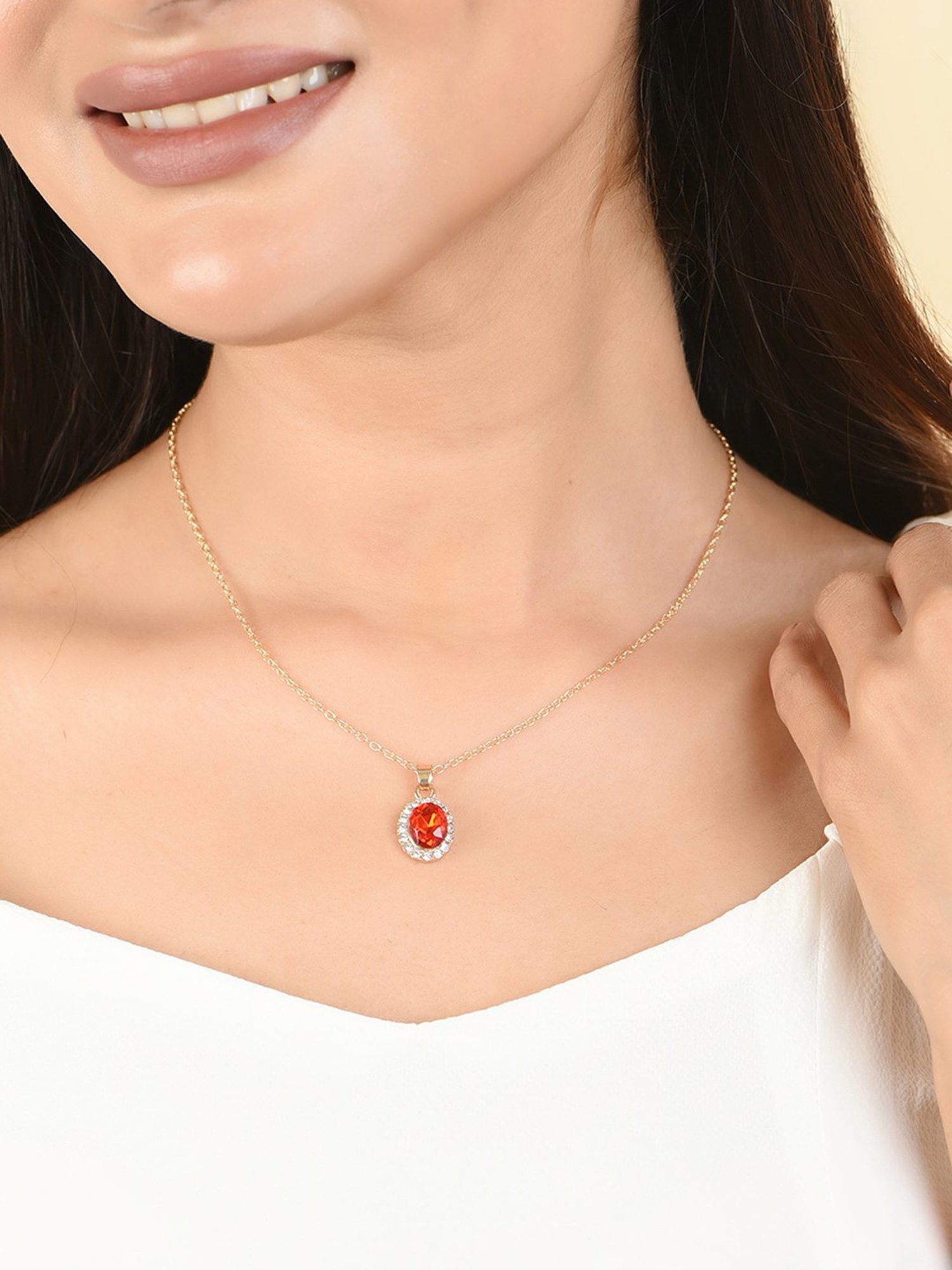 Toniq Red Gold-Plated Shape Cz Stone Casual Wear Charm Necklace for Women