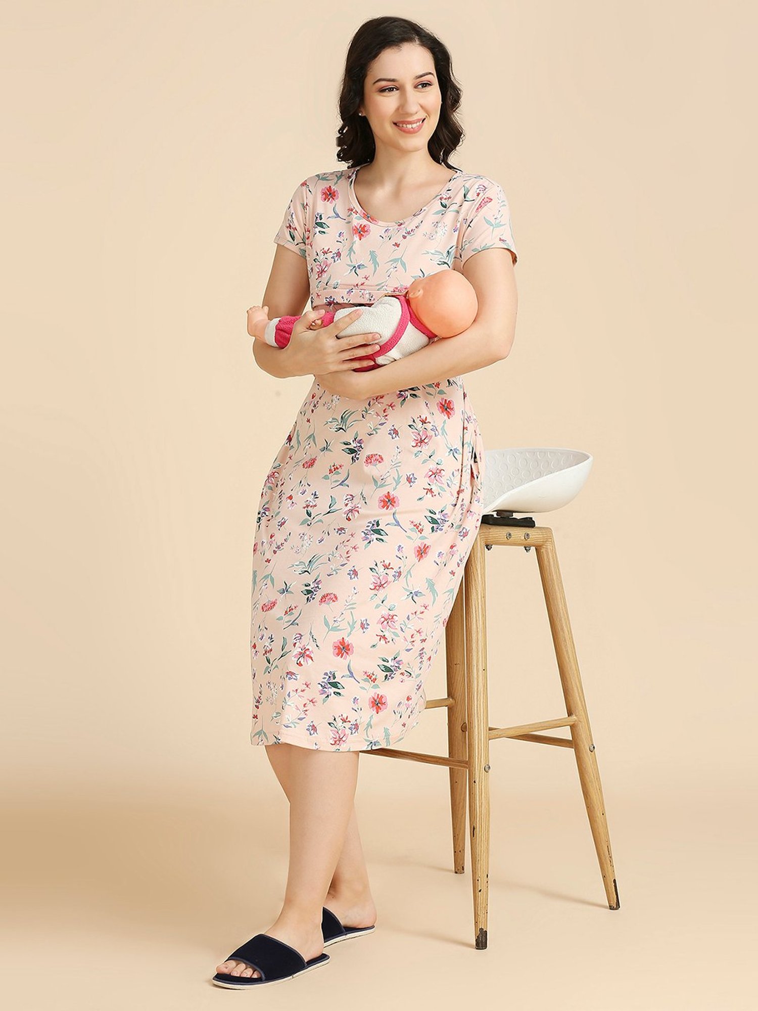MomToBe Light Peach Cotton Floral Print Feeding Nighty