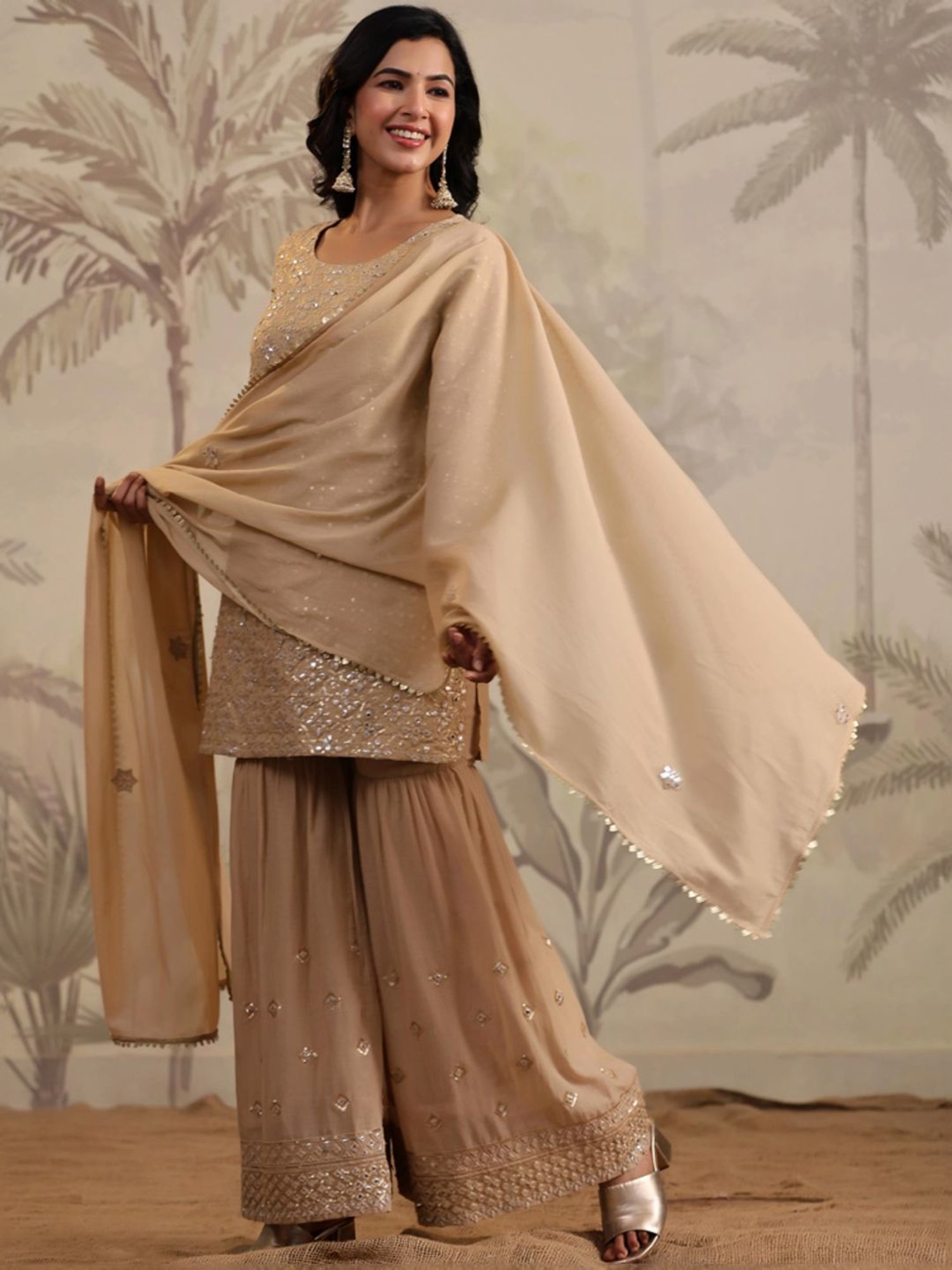 SCAKHI Beige Cotton Embroidered Kurti Sharara Set With Dupatta