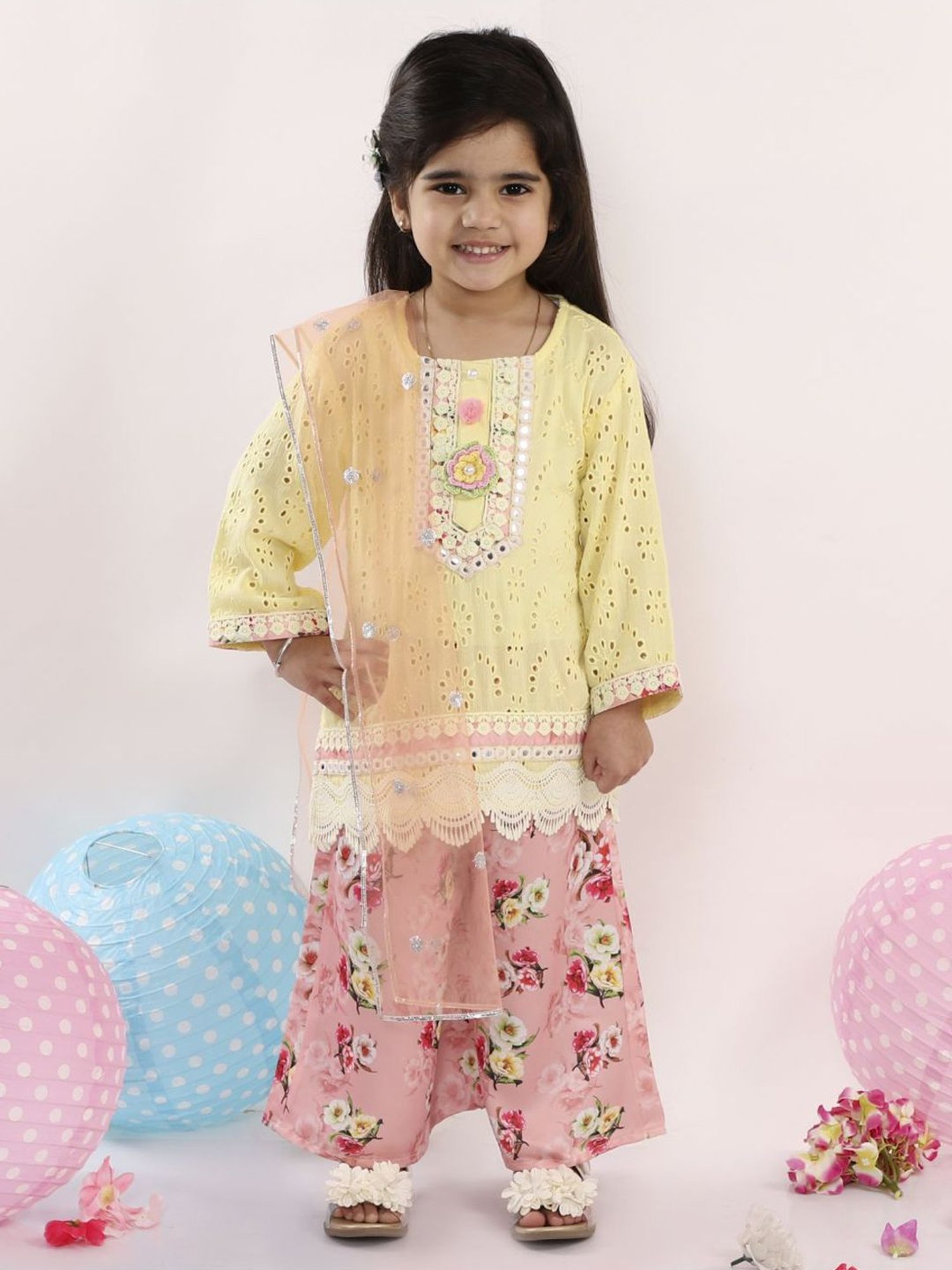 Little Bansi Kids Yellow Cotton Embroidered Suit Set