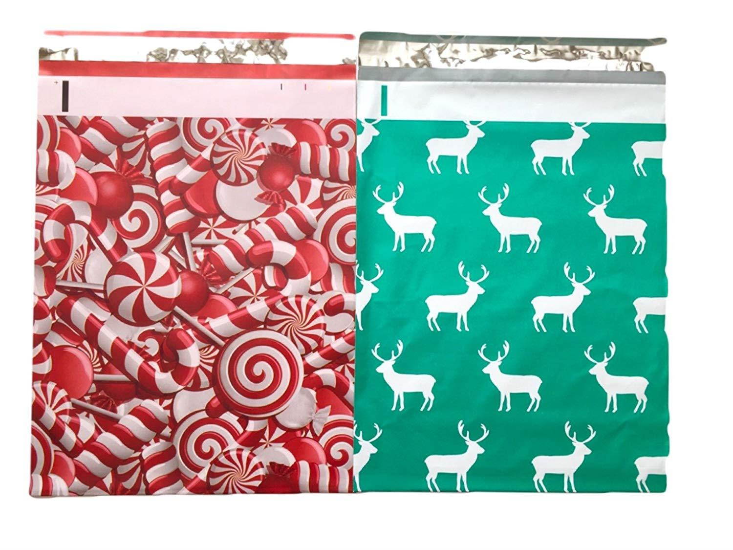 Holiday Christmas Designer Poly Mailers 10x13 : Candy Cane and Reindeer Deer Elk Combo; Printed Self Sealing Shipping Poly Envelopes Bag ( 30 Pcs Total )