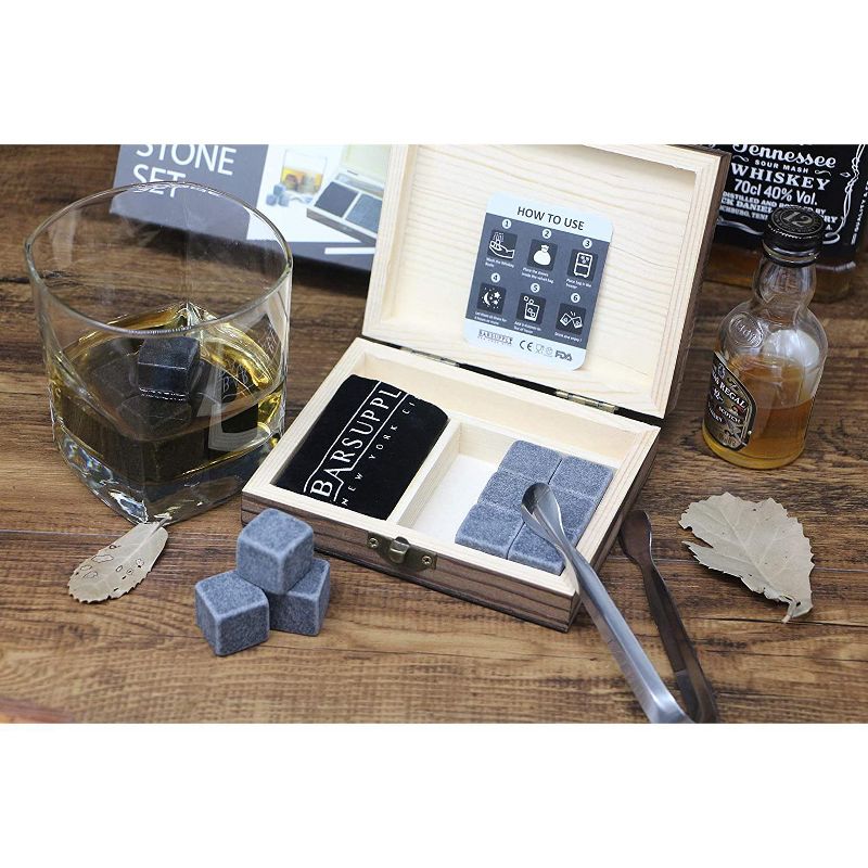 Bar Supply Whiskey Stones Gift Set, 12-Piece Set: 9 Granite Chilling Whiskey Rocks, Stainless Steel Tongs, Velvet Pouch, Wooden Gift Box Set, Reusable Ice Cubes for Whiskey, Scotch, Wine