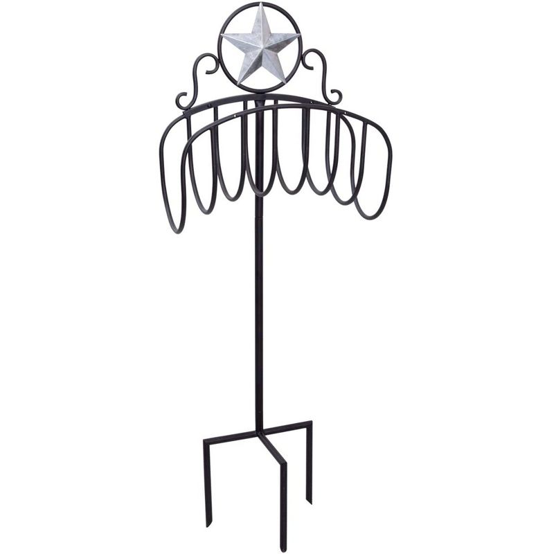 Liberty Garden Decorative Manger Style Water Hose Stand Holder Hanger with Star Top Design for Backyard with Heavy Duty 3 Prong Anchor Support, Black