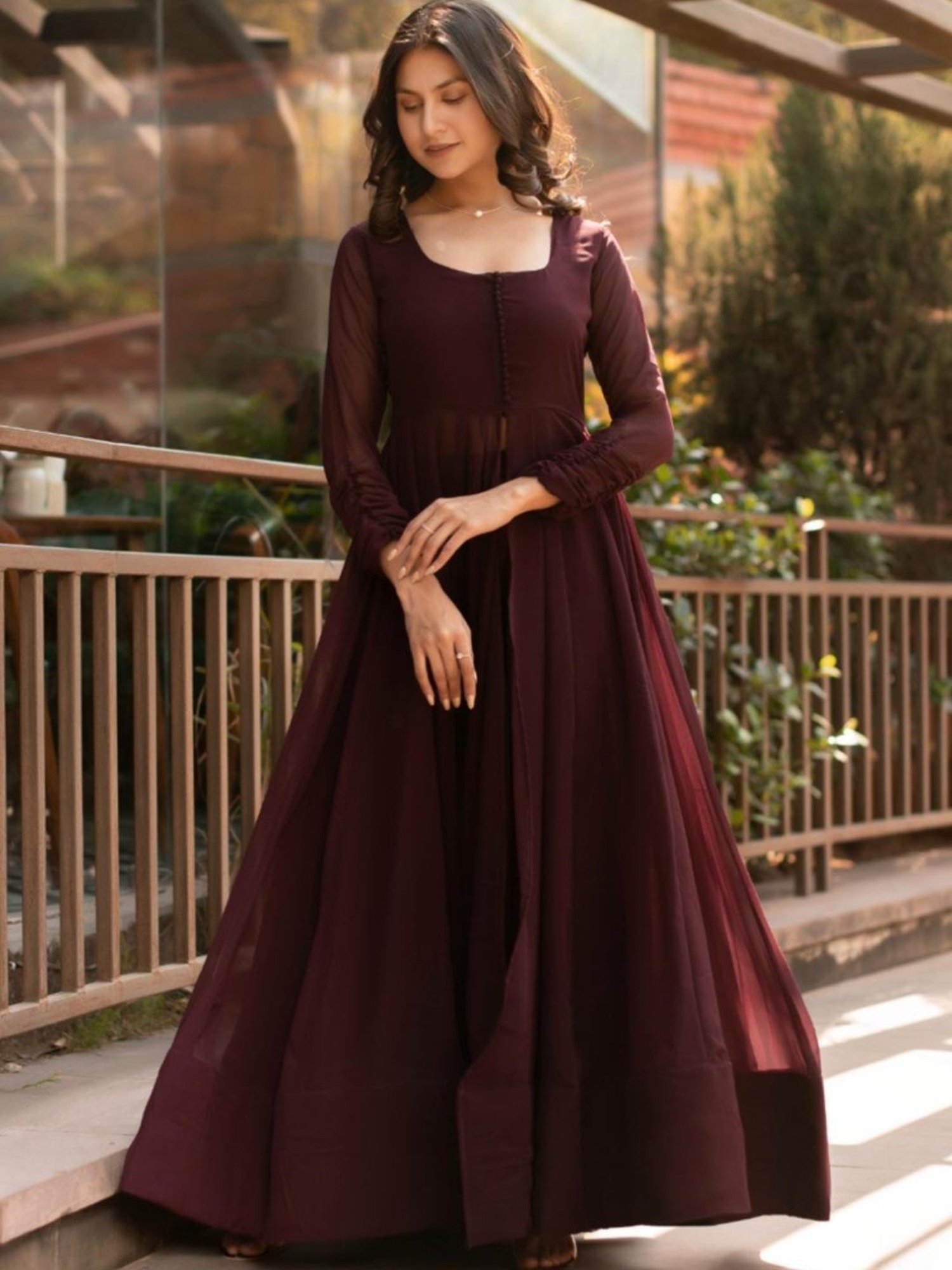 Calmna Wine Georgette Cape with Pant Co-ord Set
