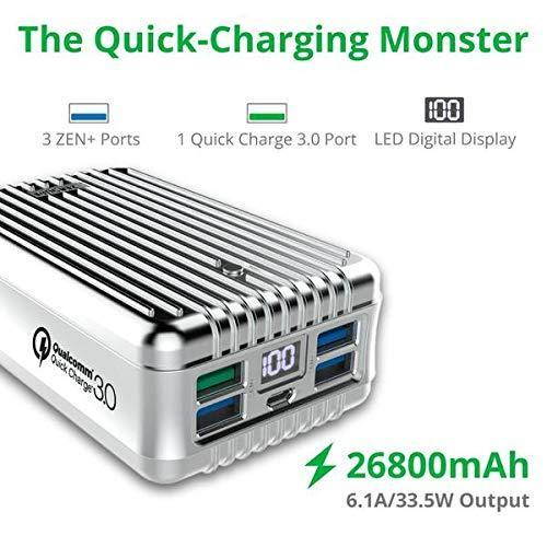Zendure A8 26800 mAh Portable Charger &ndash; Ultra Durable Power Bank with QuickCharge 3.0, 4 USB Ports, Digital Display, Zen+ Technology for iPhone, iPad, Samsung Galaxy, LG, Pixel & More &ndash; Silver