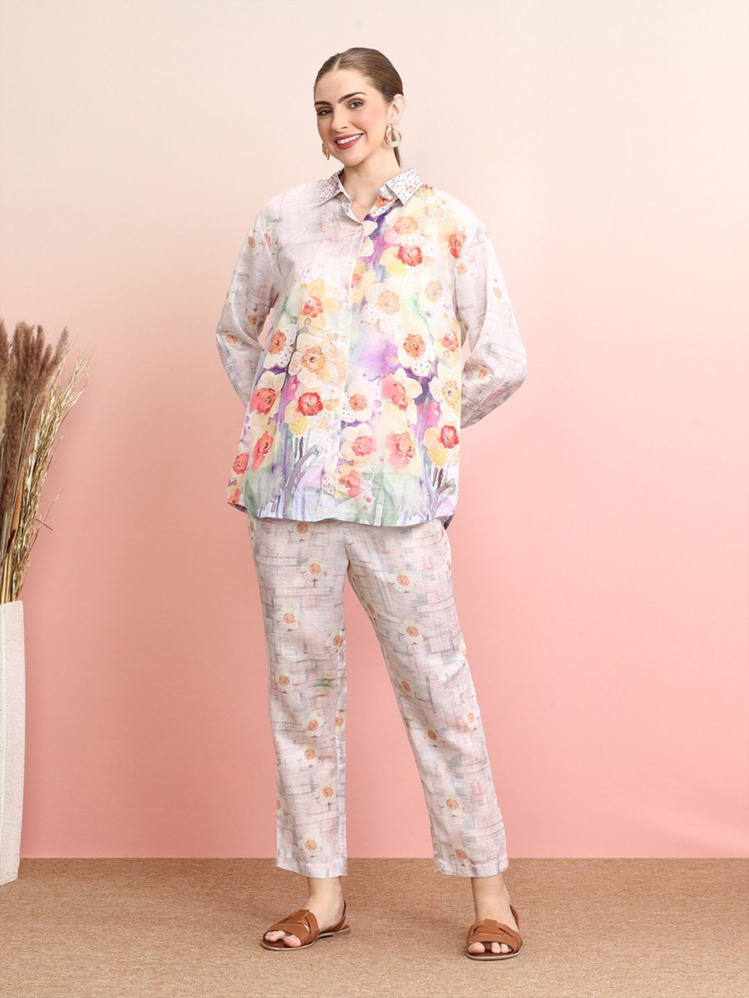 Indo Era White Floral Print Shirt Pant Set