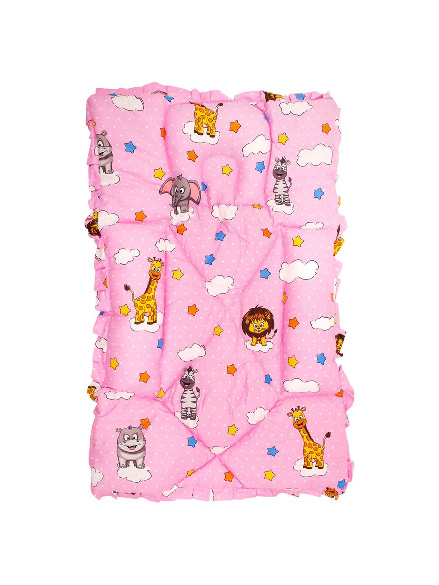 Baby Moo Flying Animals Pink Mattress with Fixed Neck Pillow and Bolsters