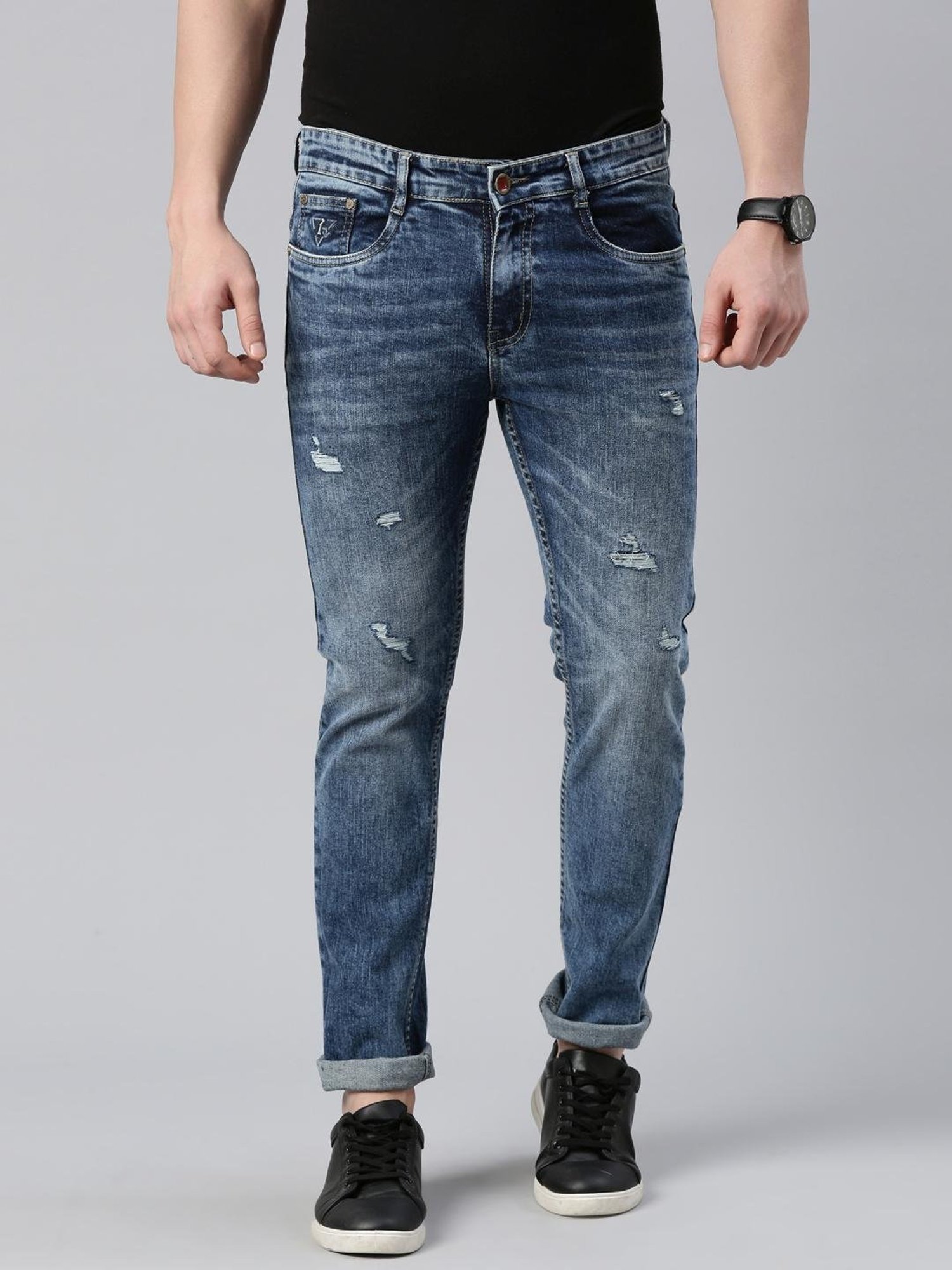 CINOCCI Blue Cotton Slim Fit Distressed Jeans