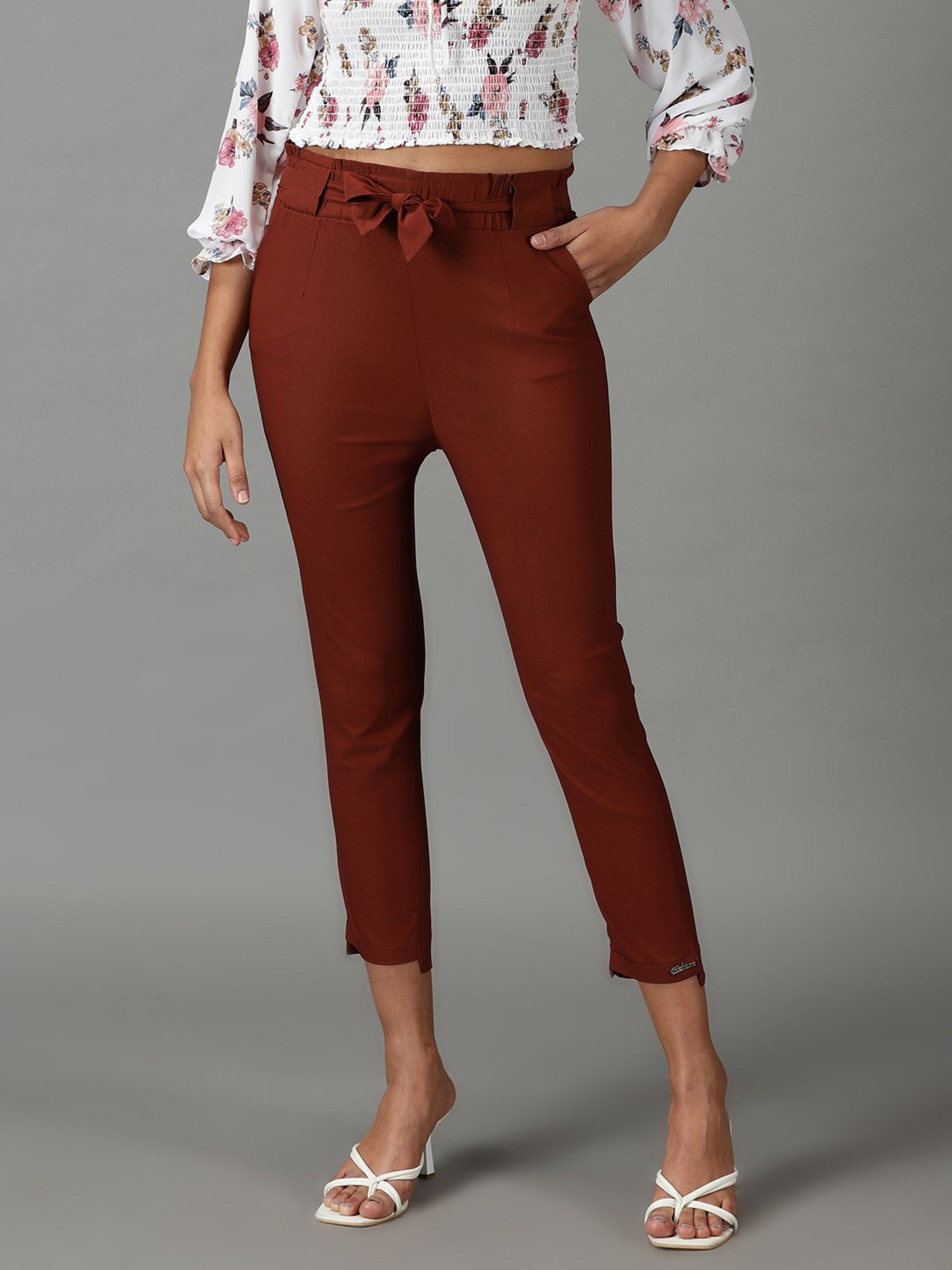 SHOWOFF Rust Slim Fit High Rise Trousers